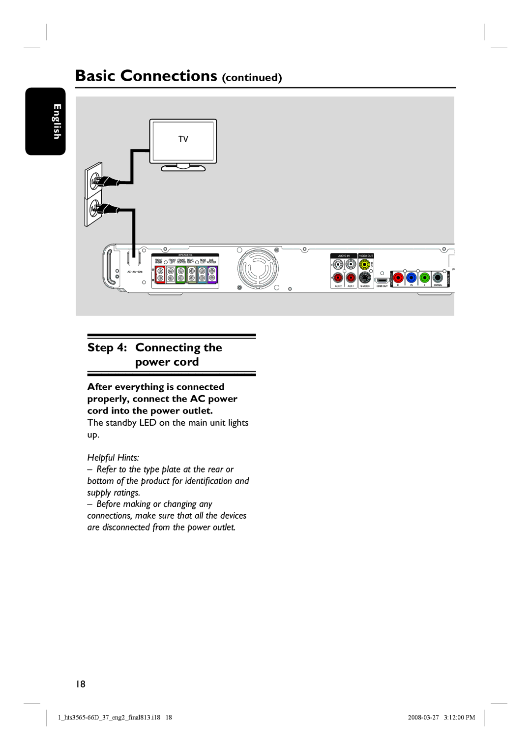 Philips HTS3565D quick start Connecting the power cord, Standby LED on the main unit lights up 