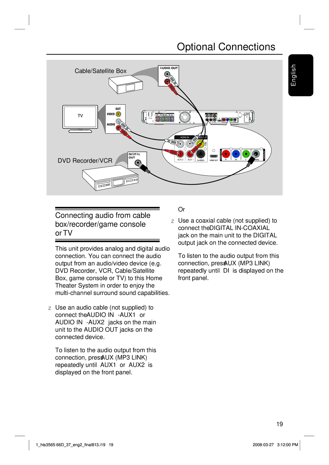 Philips HTS3565D Optional Connections, Connecting audio from cable box/recorder/game console or TV, Cable/Satellite Box 