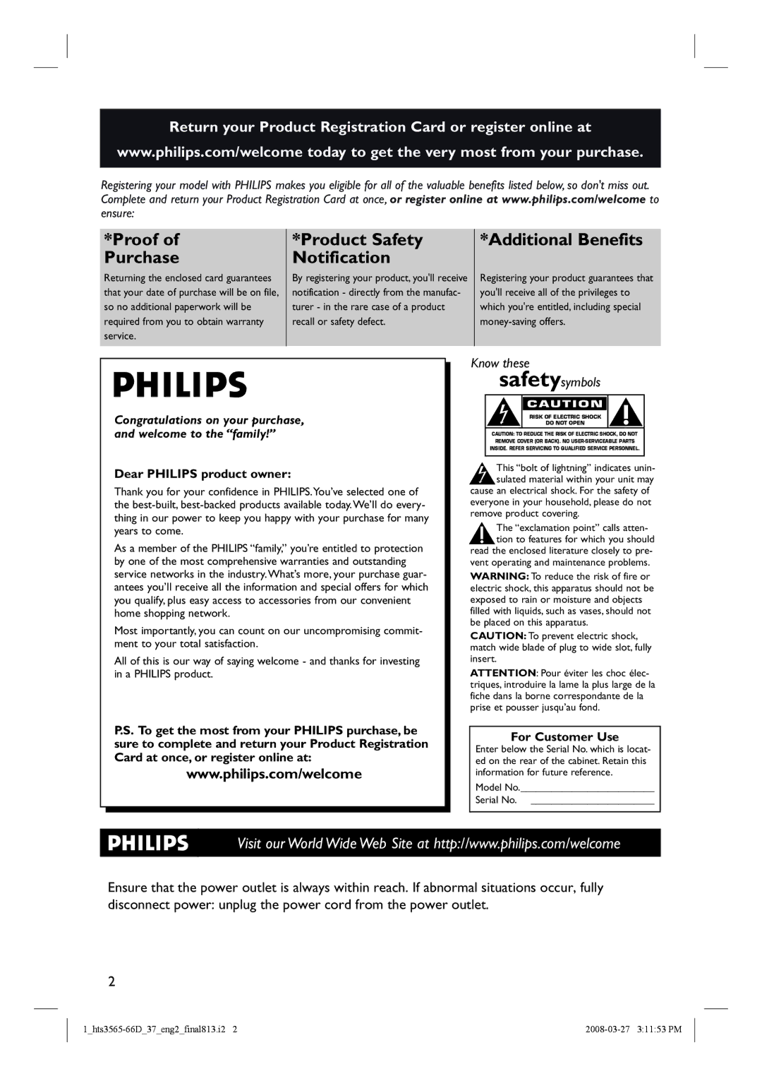 Philips HTS3565D quick start Return your Product Registration Card or register online at 