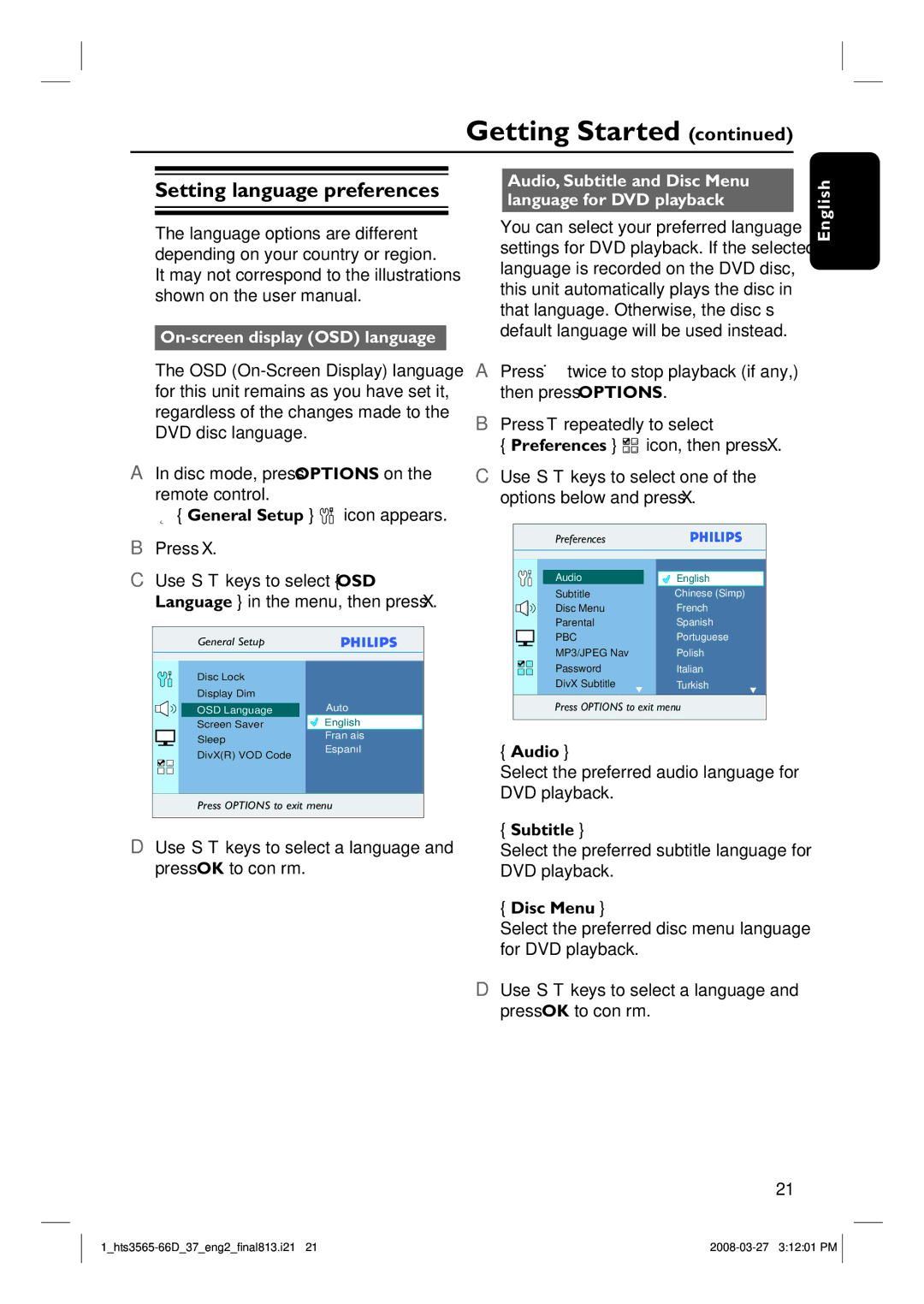 Philips HTS3565D quick start Setting language preferences, On-screen display OSD language 