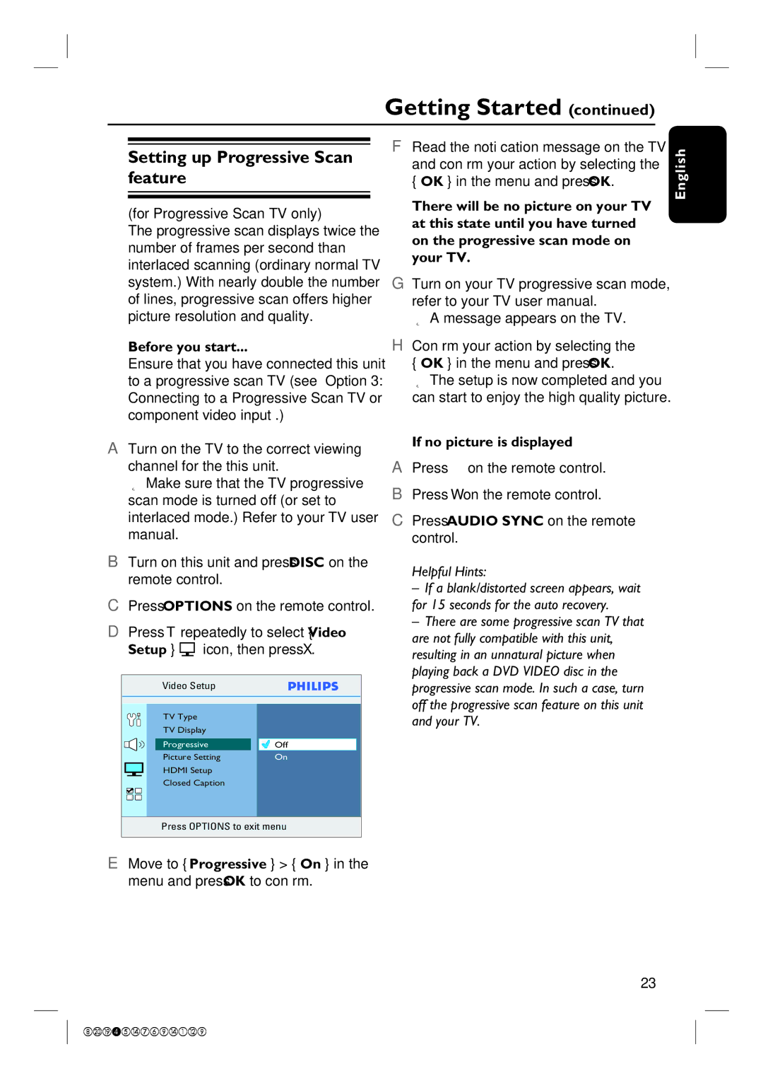 Philips HTS3565D quick start Setting up Progressive Scan feature, Setup, If no picture is displayed 