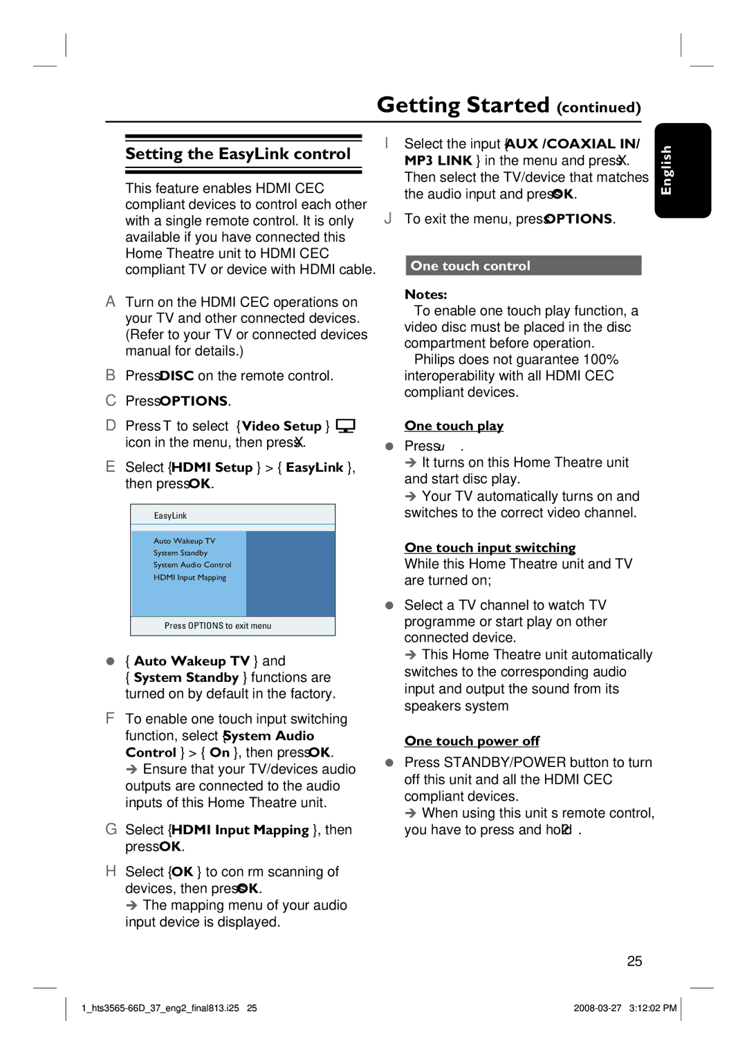 Philips HTS3565D quick start Setting the EasyLink control, One touch control 