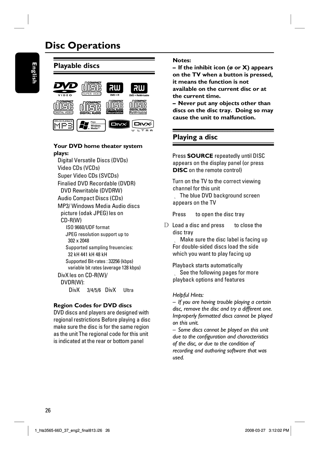 Philips HTS3565D quick start Disc Operations, Playable discs, Playing a disc 