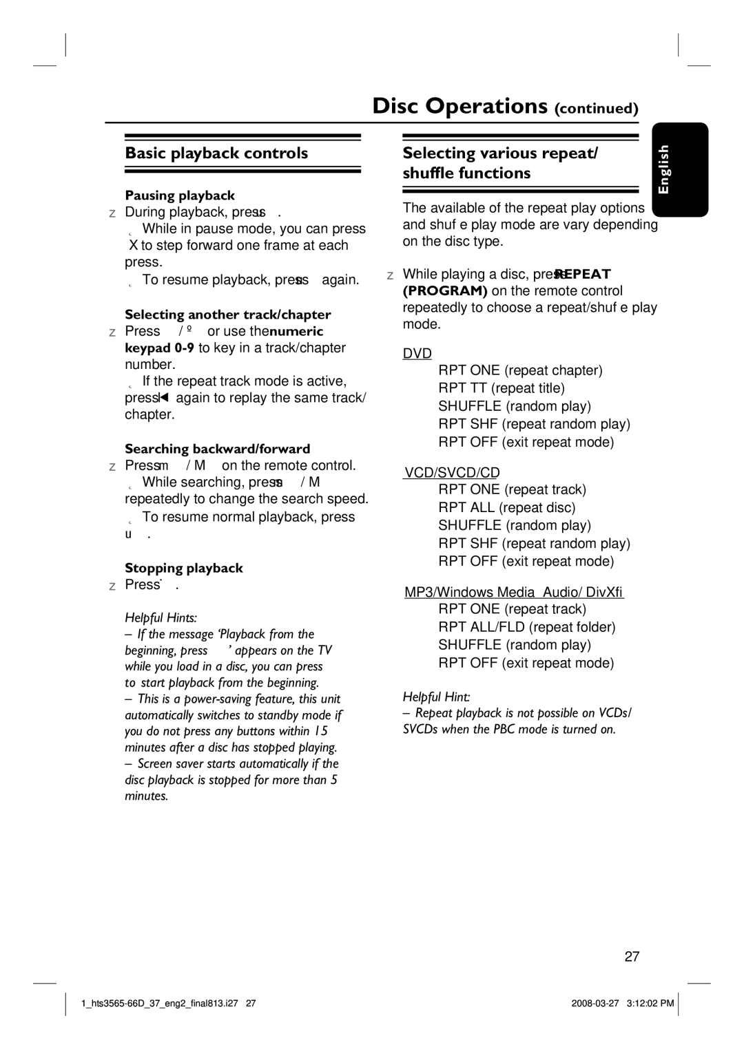 Philips HTS3565D Basic playback controls, Selecting various repeat/ shuffle functions, Pausing playback, Stopping playback 