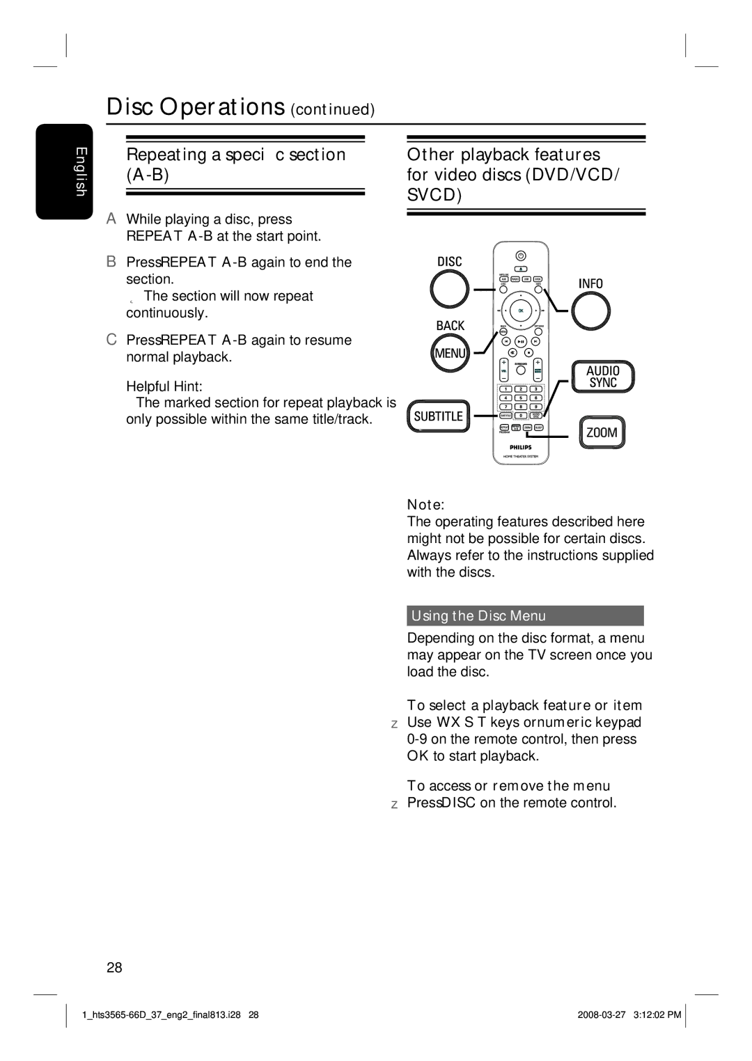 Philips HTS3565D Repeating a specific section Other playback features, Using the Disc Menu, To access or remove the menu 