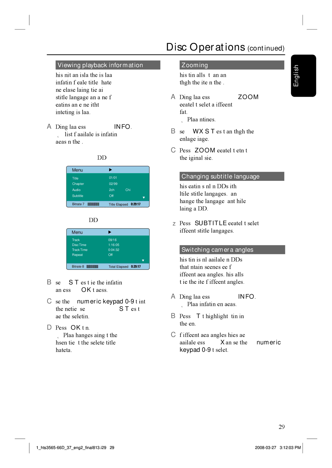 Philips HTS3565D Viewing playback information, Use, Zooming, Changing subtitle language, Switching camera angles 