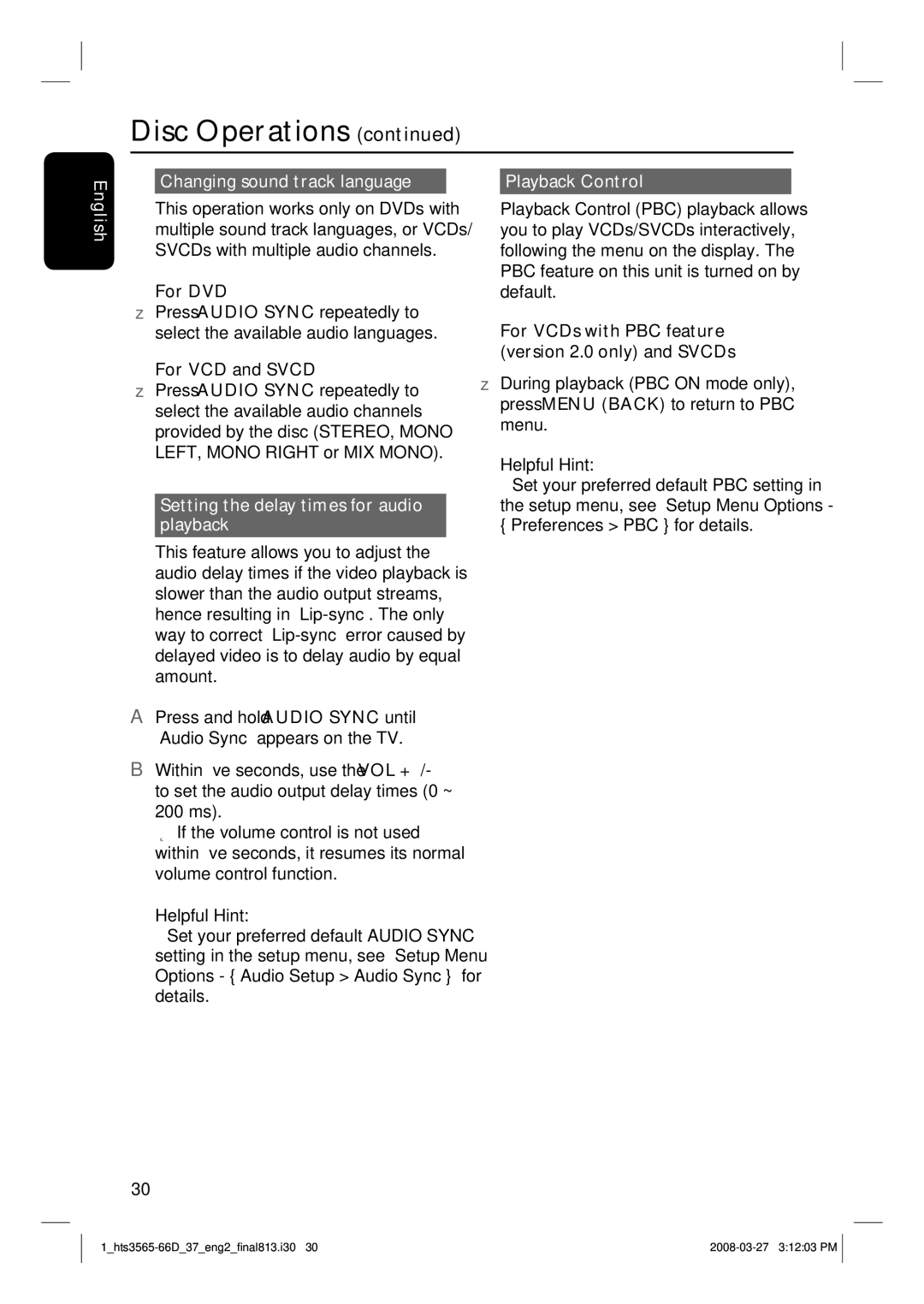 Philips HTS3565D English Changing sound track language, Setting the delay times for audio playback, Playback Control 