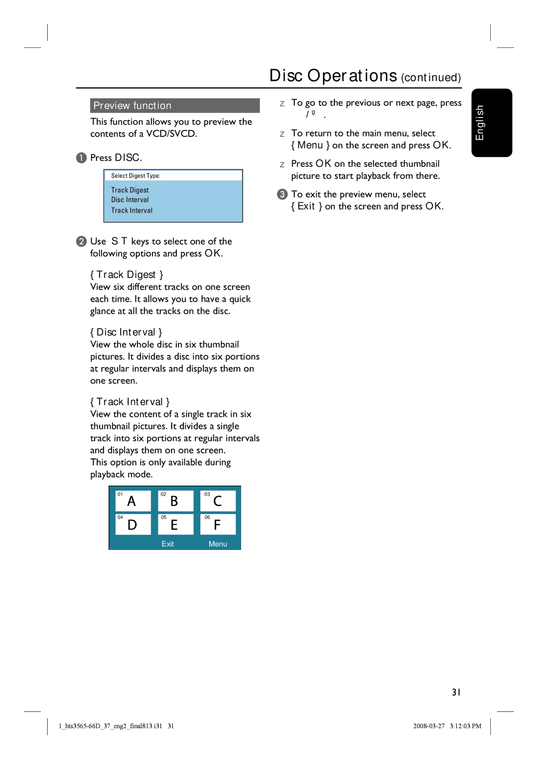 Philips HTS3565D quick start Preview function, Track Digest, Disc Interval, Track Interval 