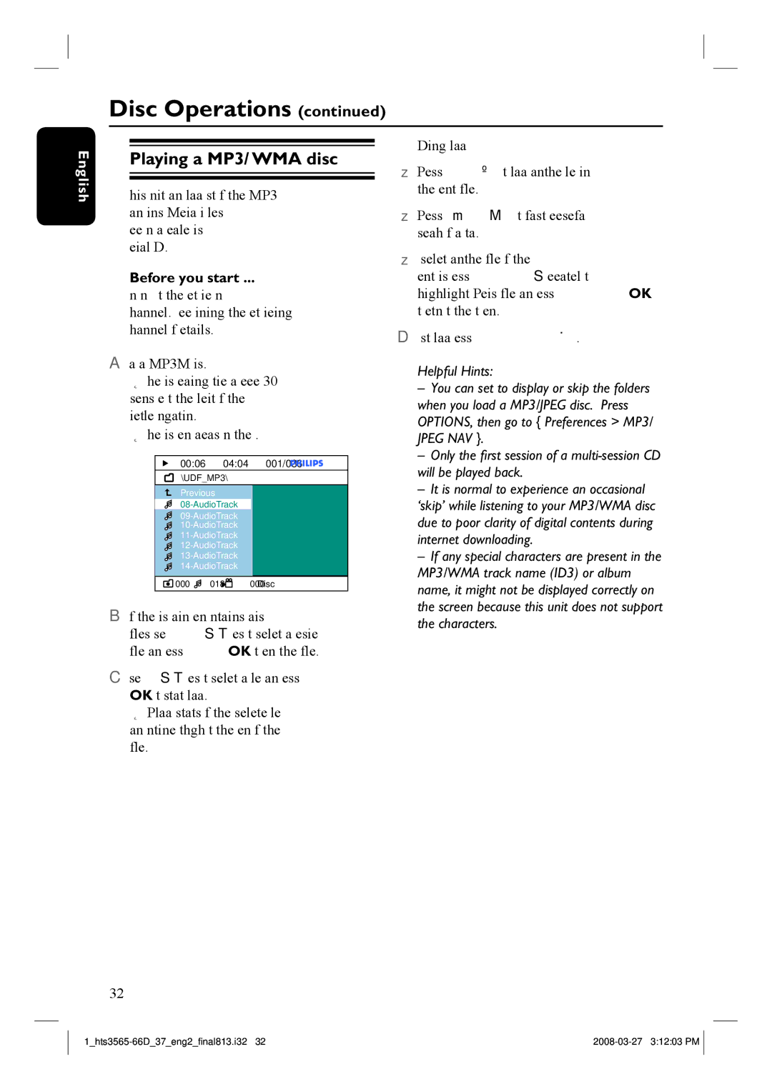 Philips HTS3565D quick start Playing a MP3/ WMA disc, Disc menu appears on the TV, If the disc main menu contains various 