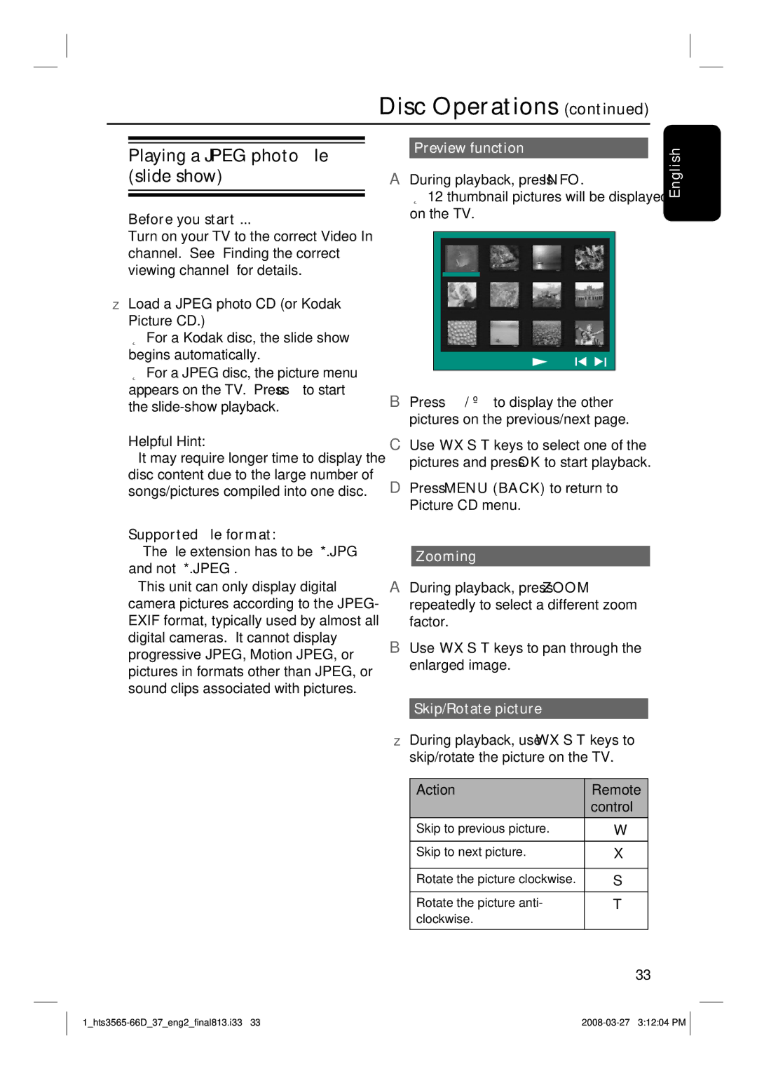 Philips HTS3565D Playing a Jpeg photo file slide show, Supported file format, Press Menu Back to return to Picture CD menu 