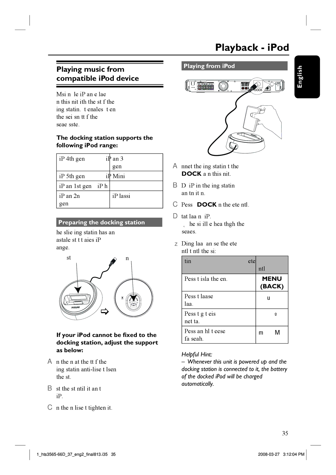 Philips HTS3565D Playback iPod, Docking station supports the following iPod range, Preparing the docking station 