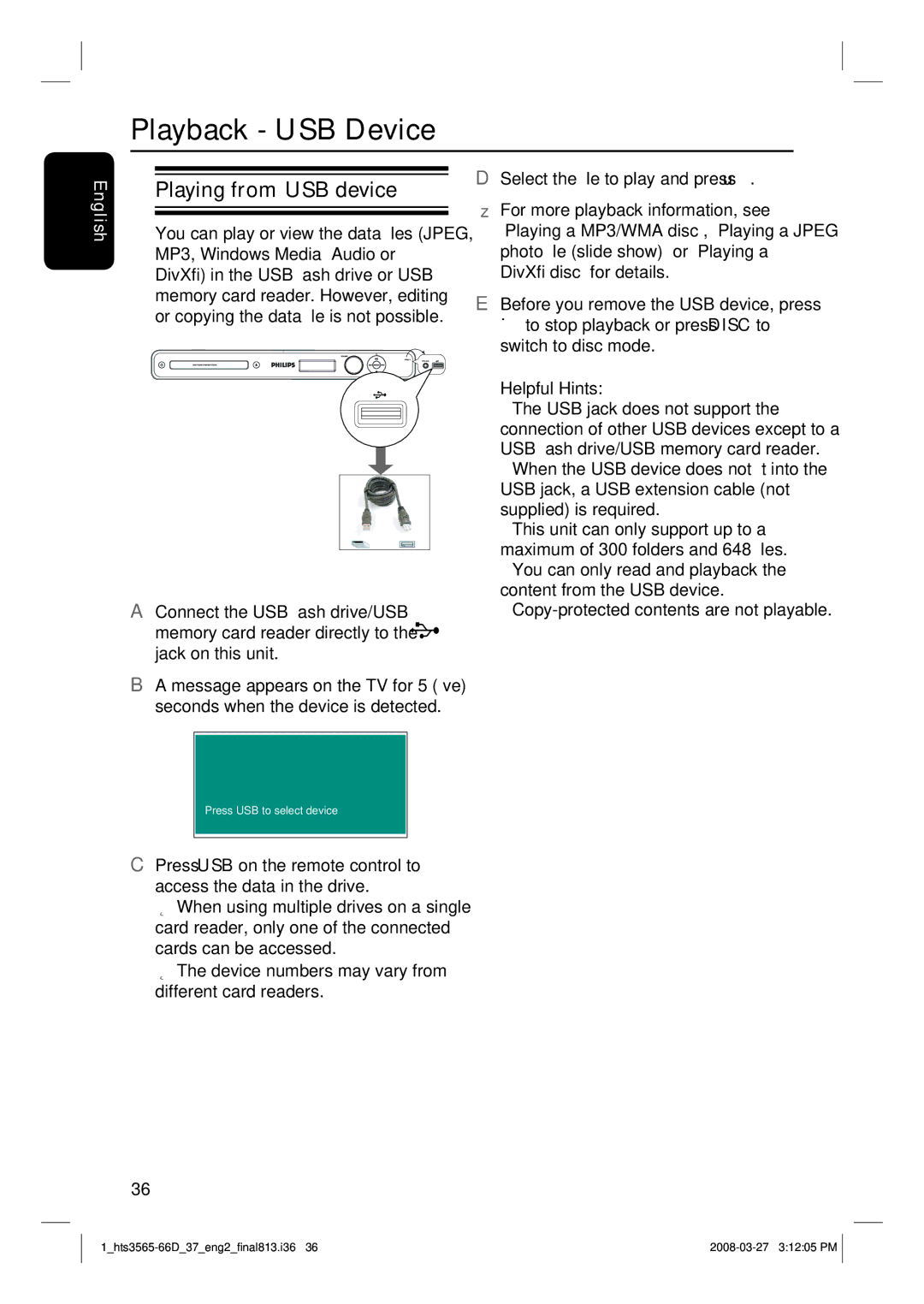 Philips HTS3565D quick start Playback USB Device, Playing from USB device 