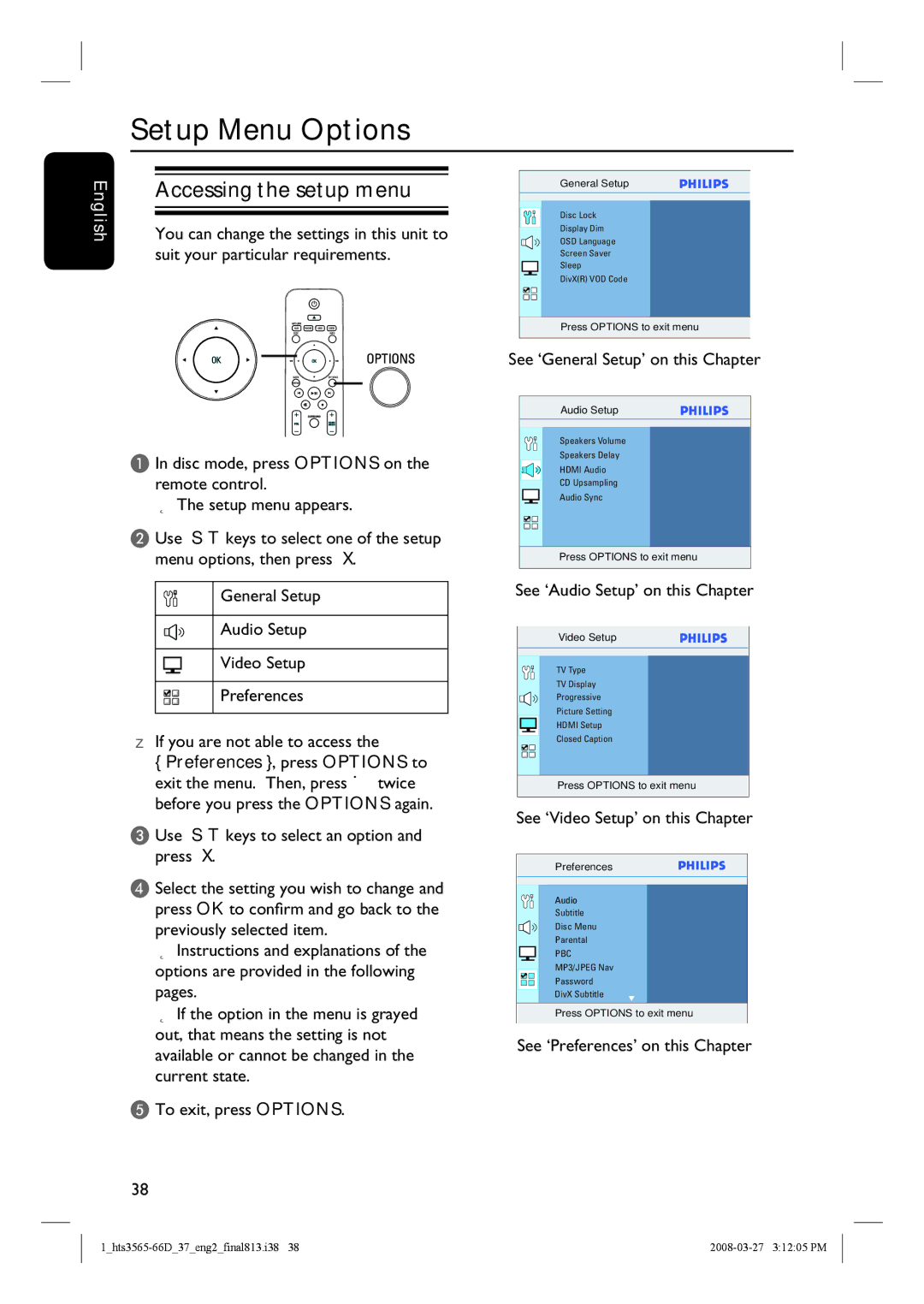 Philips HTS3565D quick start Setup Menu Options, Accessing the setup menu 