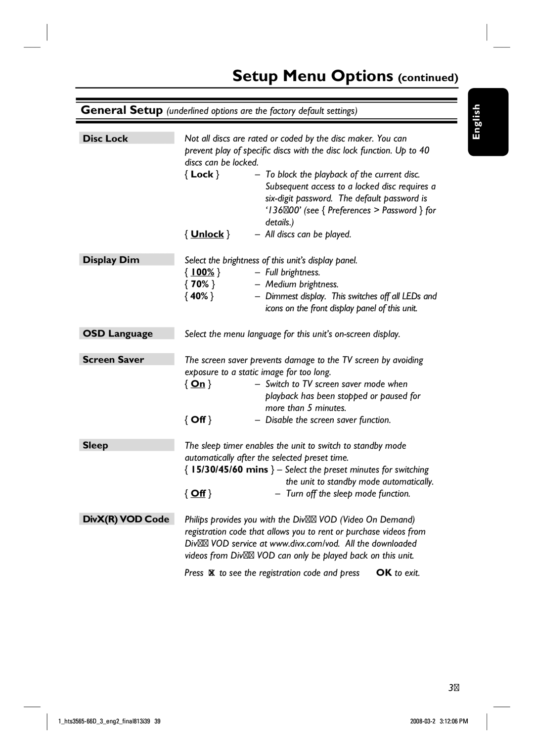 Philips HTS3565D quick start Disc Lock, Unlock, Display Dim, 70%, 40%, OSD Language, Screen Saver, Off 