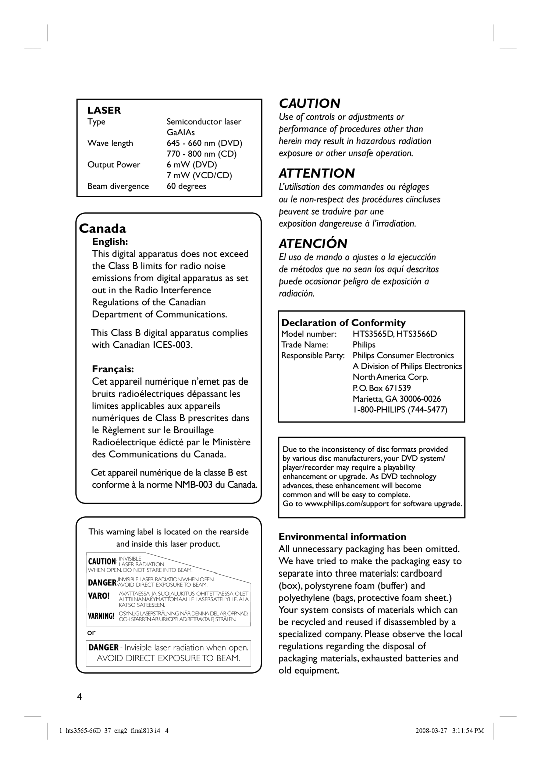 Philips HTS3565D quick start English, Français, Declaration of Conformity, Environmental information 