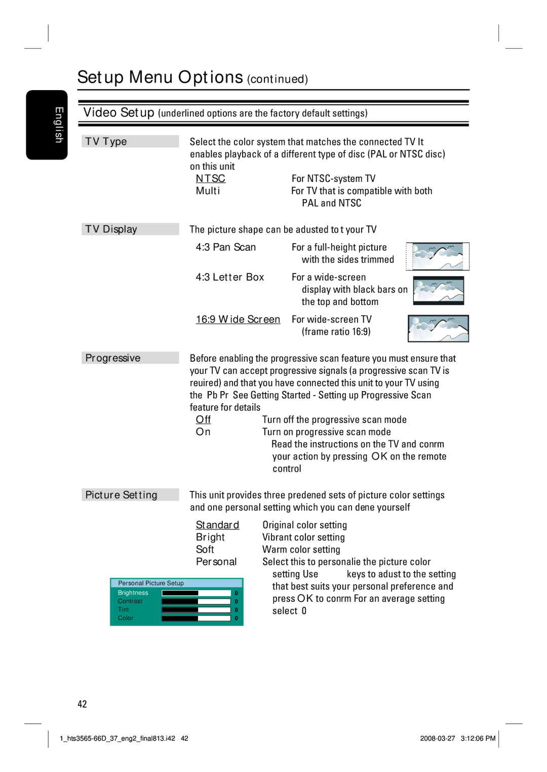 Philips HTS3565D quick start TV Type, Multi, TV Display, Pan Scan, Letter Box, Wide Screen, Progressive, Picture Setting 