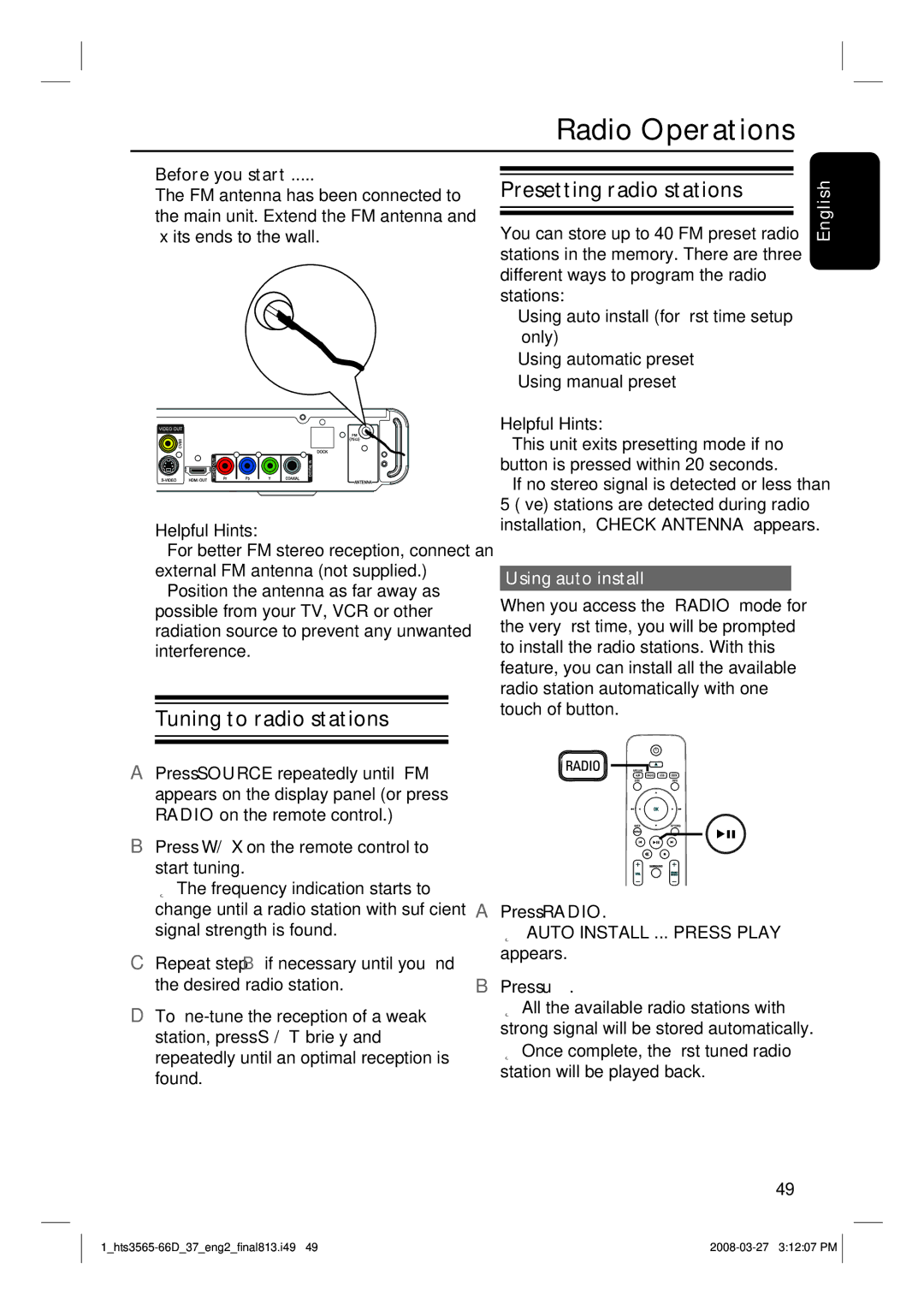 Philips HTS3565D quick start Radio Operations, Tuning to radio stations, Presetting radio stations, Using auto install 