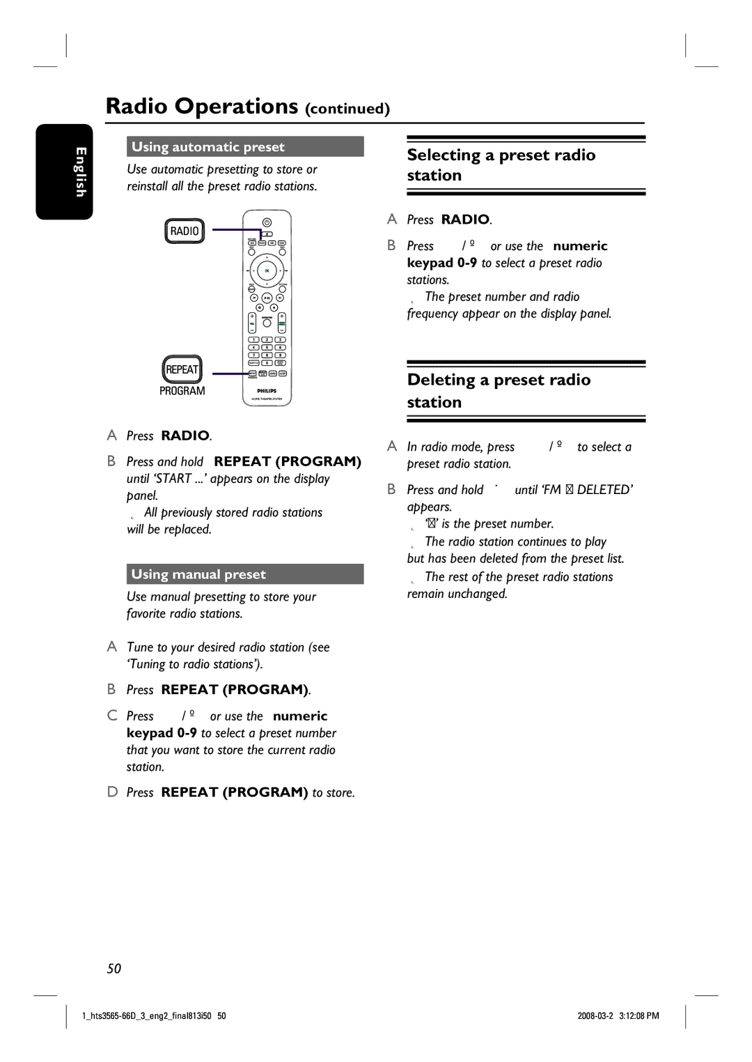 Philips HTS3565D Selecting a preset radio station, Deleting a preset radio station, English Using automatic preset 