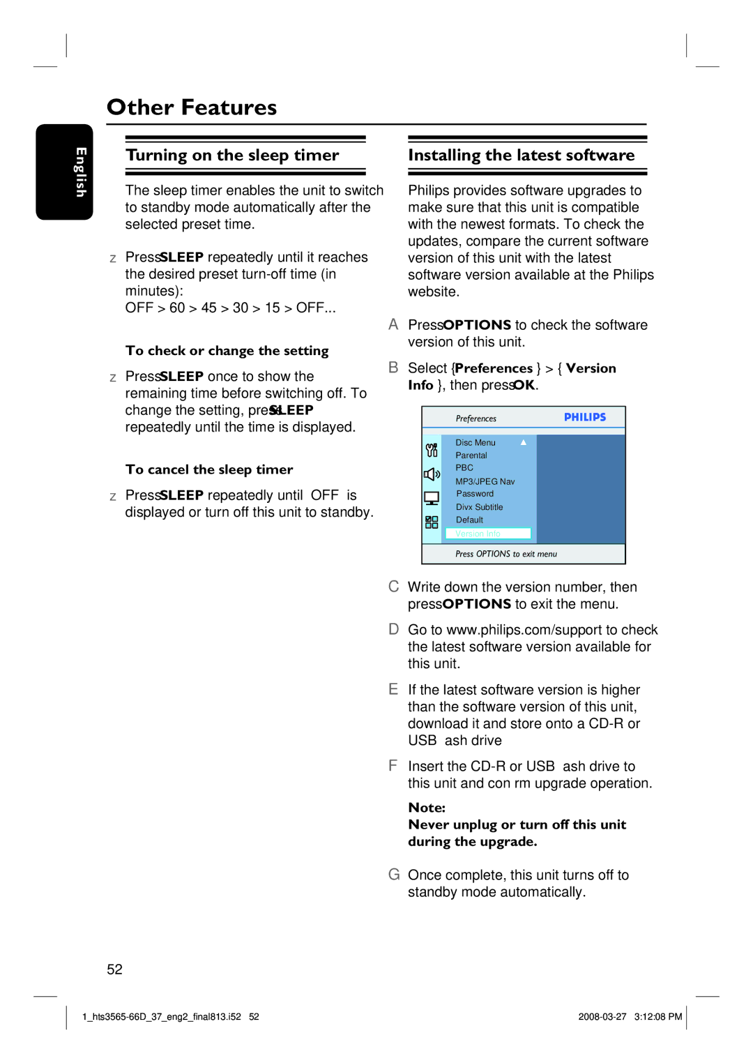 Philips HTS3565D quick start Other Features, Turning on the sleep timer, Installing the latest software 