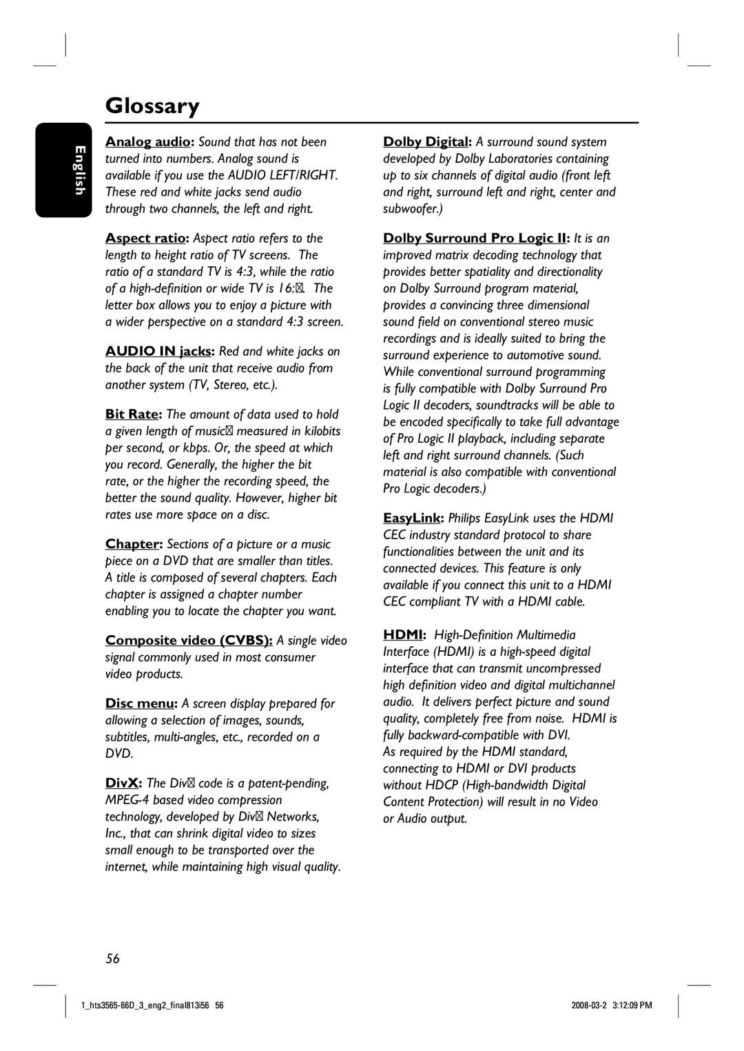 Philips HTS3565D quick start Glossary 