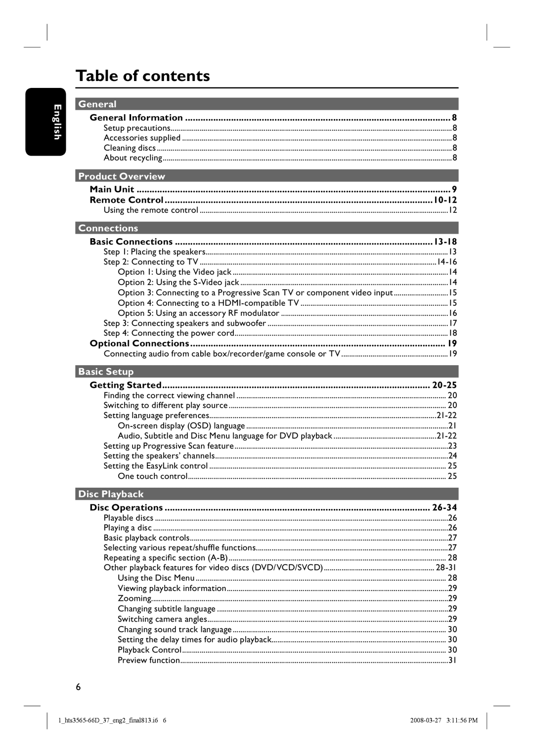 Philips HTS3565D quick start Table of contents 