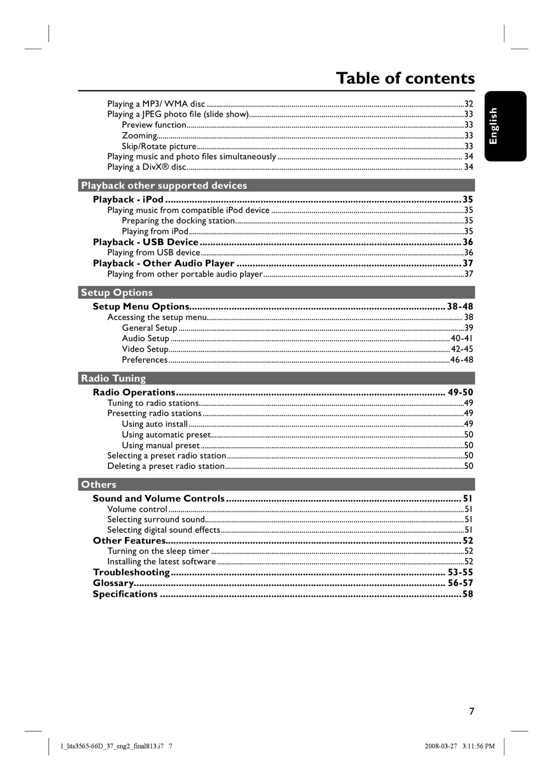 Philips HTS3565D quick start Table of contents 