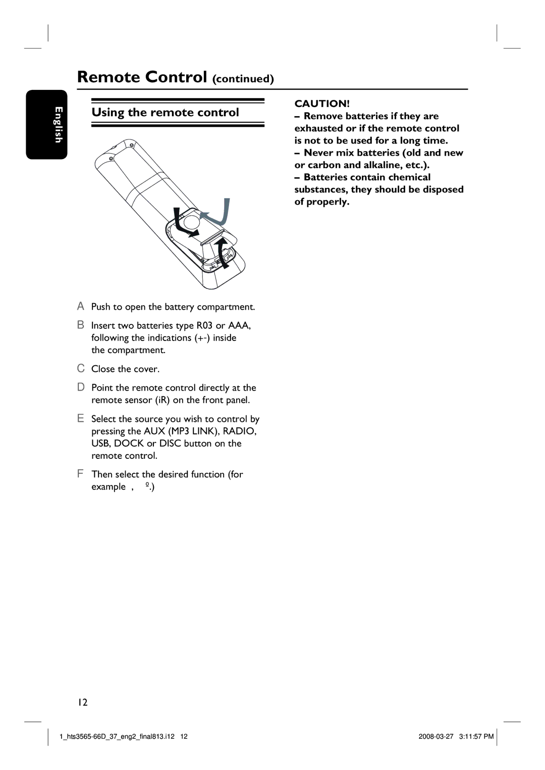 Philips HTS3565D quick start Using the remote control 