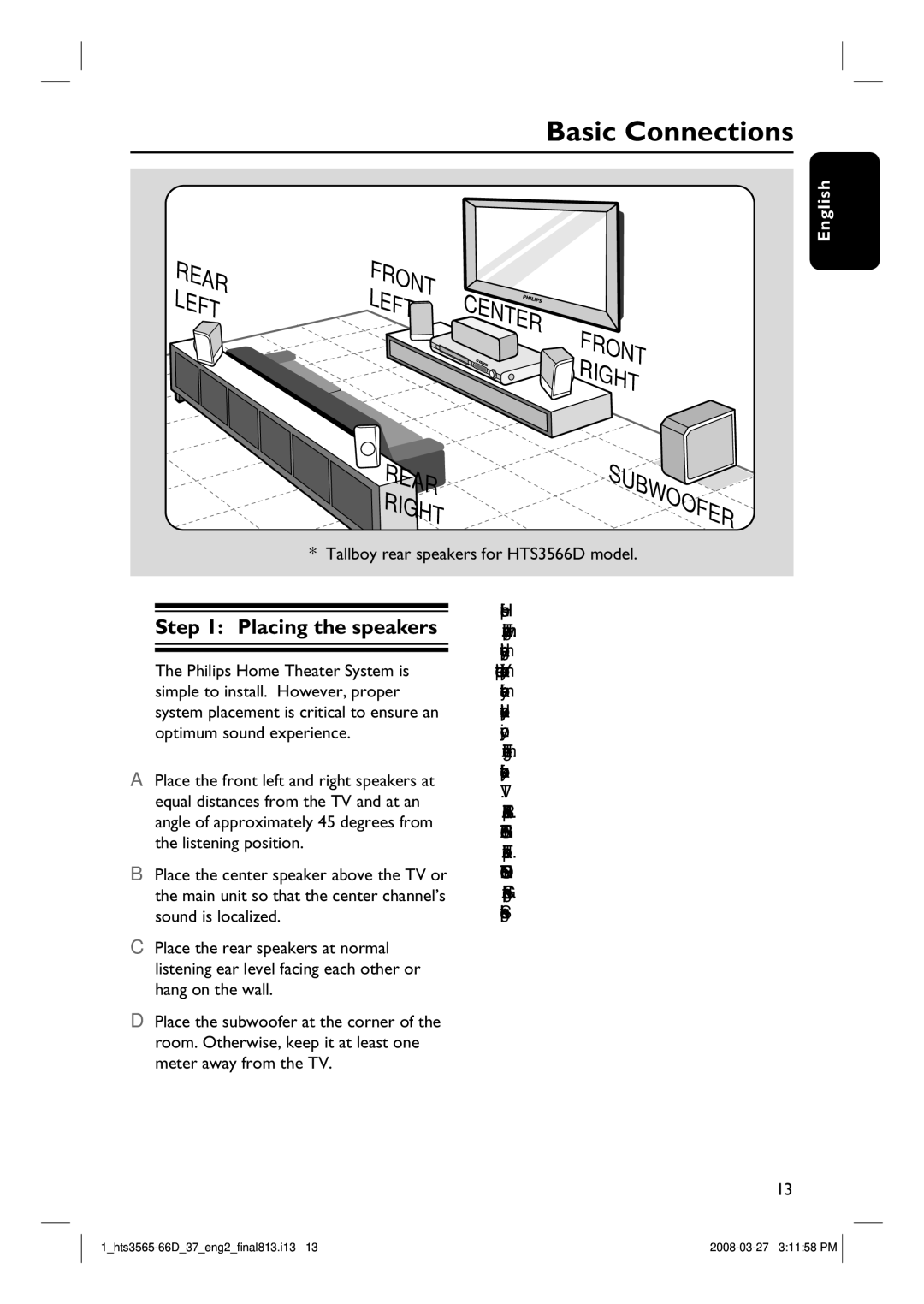 Philips HTS3565D quick start Basic Connections, Placing the speakers, Tallboy rear speakers for HTS3566D model 