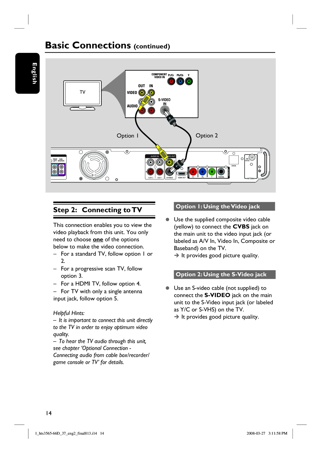 Philips HTS3565D quick start Connecting to TV, Option 1 Using the Video jack, Option 2 Using the S-Video jack 