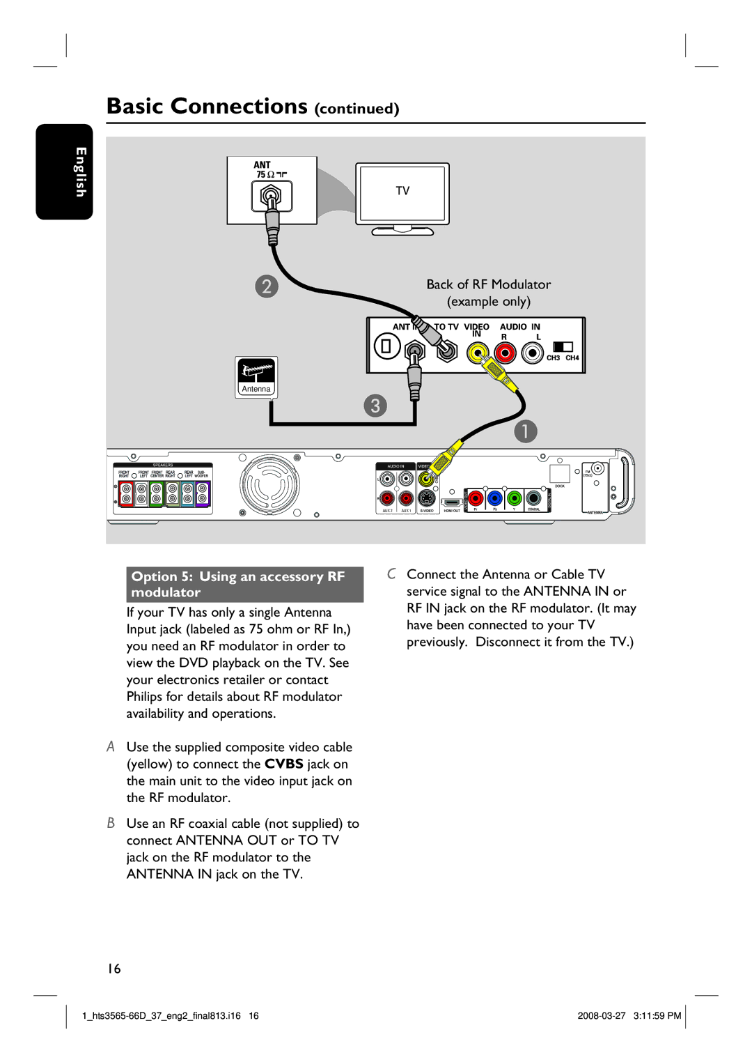 Philips HTS3565D quick start Back of RF Modulator Example only, Option 5 Using an accessory RF modulator 