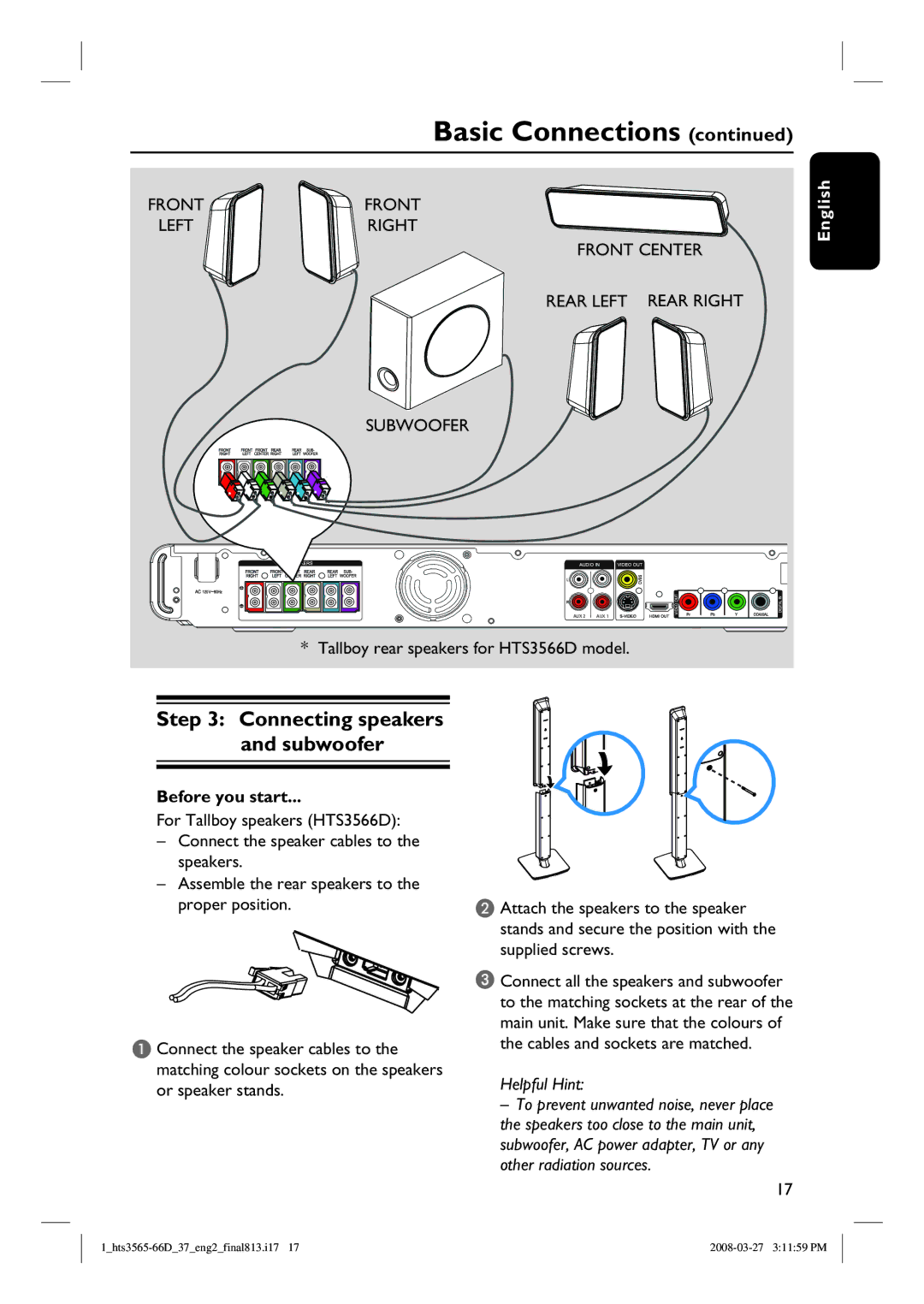 Philips HTS3565D quick start Connecting speakers and subwoofer, Before you start 