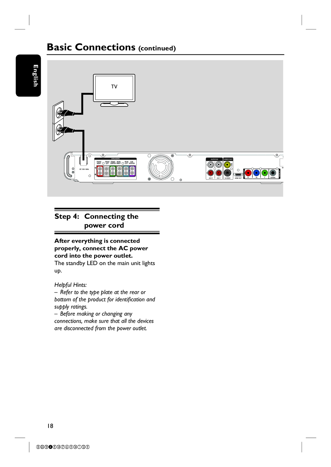 Philips HTS3565D quick start Connecting the power cord, Standby LED on the main unit lights up 