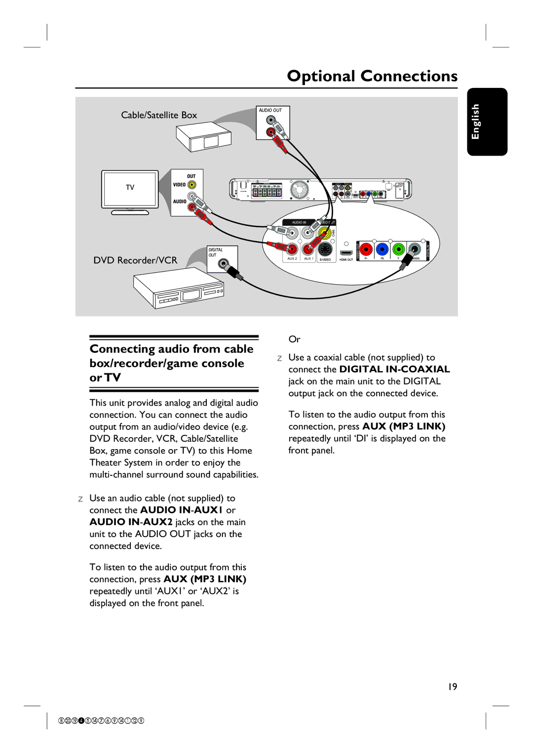 Philips HTS3565D Optional Connections, Connecting audio from cable box/recorder/game console or TV, Cable/Satellite Box 