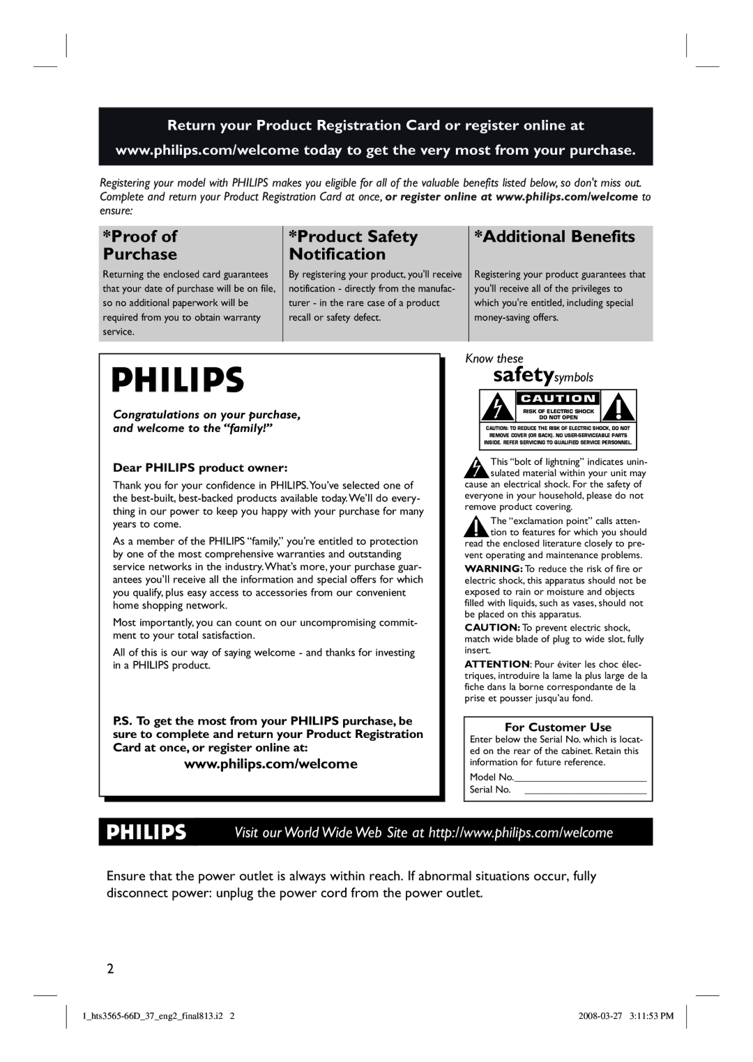 Philips HTS3565D quick start Return your Product Registration Card or register online at 