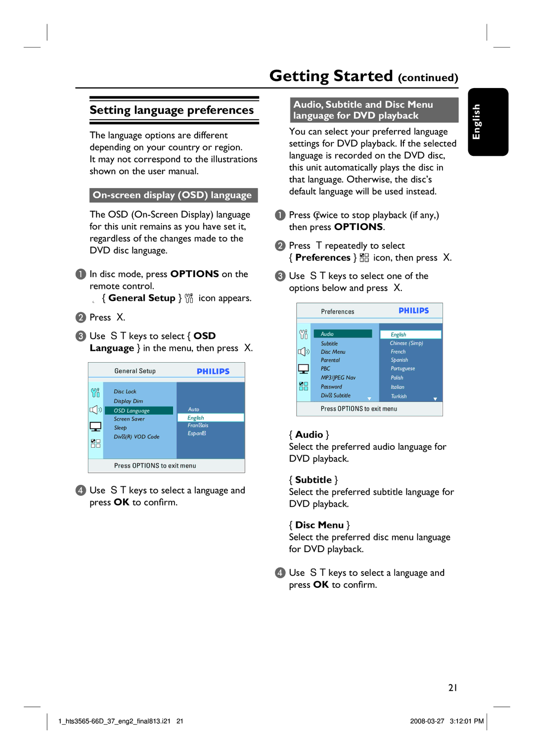 Philips HTS3565D quick start Setting language preferences, On-screen display OSD language 