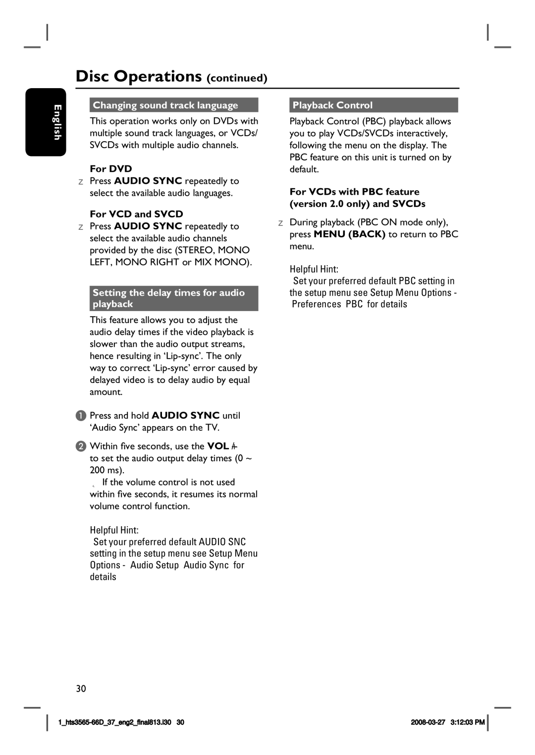 Philips HTS3565D English Changing sound track language, Setting the delay times for audio playback, Playback Control 