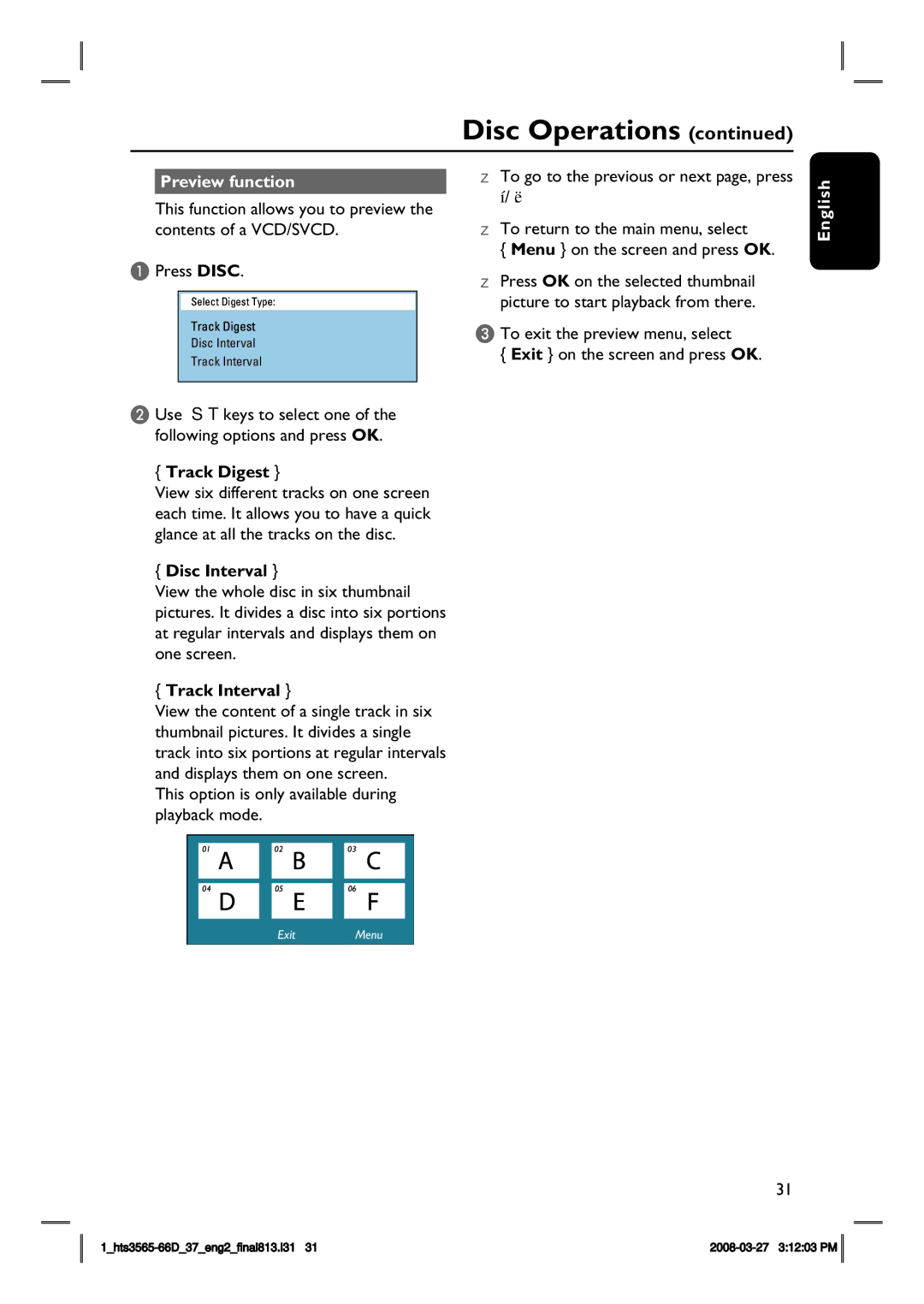 Philips HTS3565D quick start Preview function, Track Digest, Disc Interval, Track Interval 