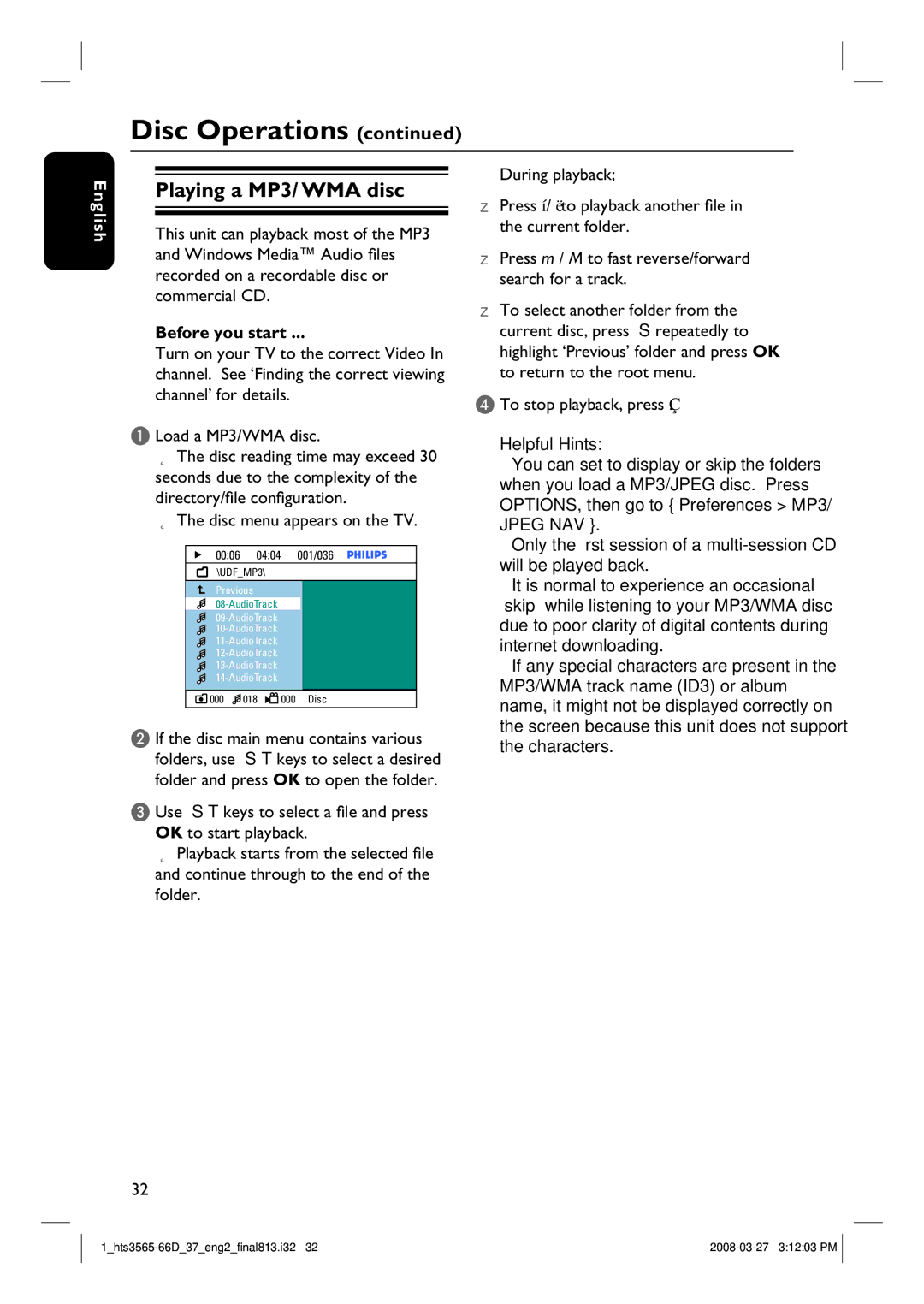 Philips HTS3565D quick start Playing a MP3/ WMA disc, Disc menu appears on the TV, If the disc main menu contains various 