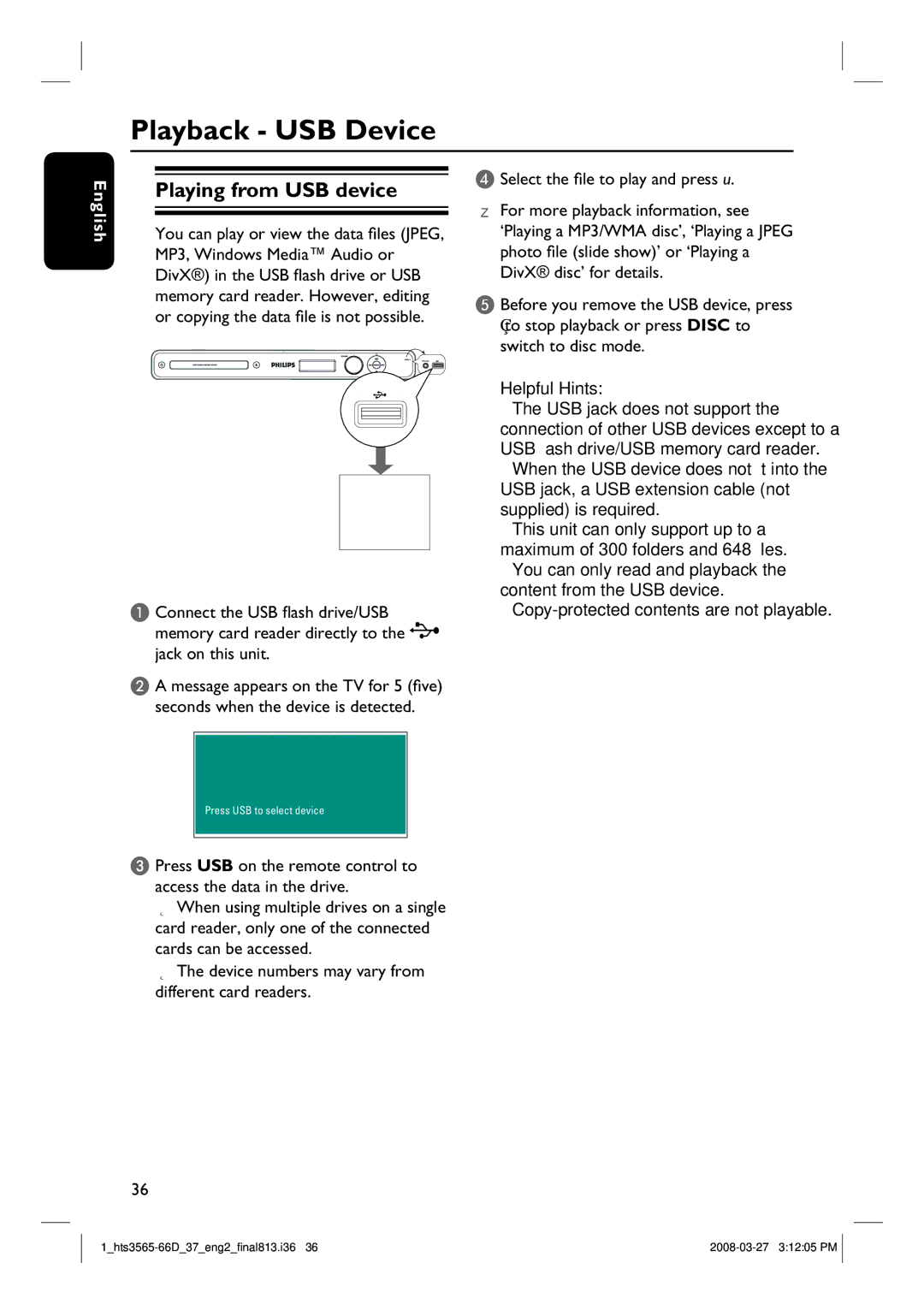 Philips HTS3565D quick start Playback USB Device, Playing from USB device 