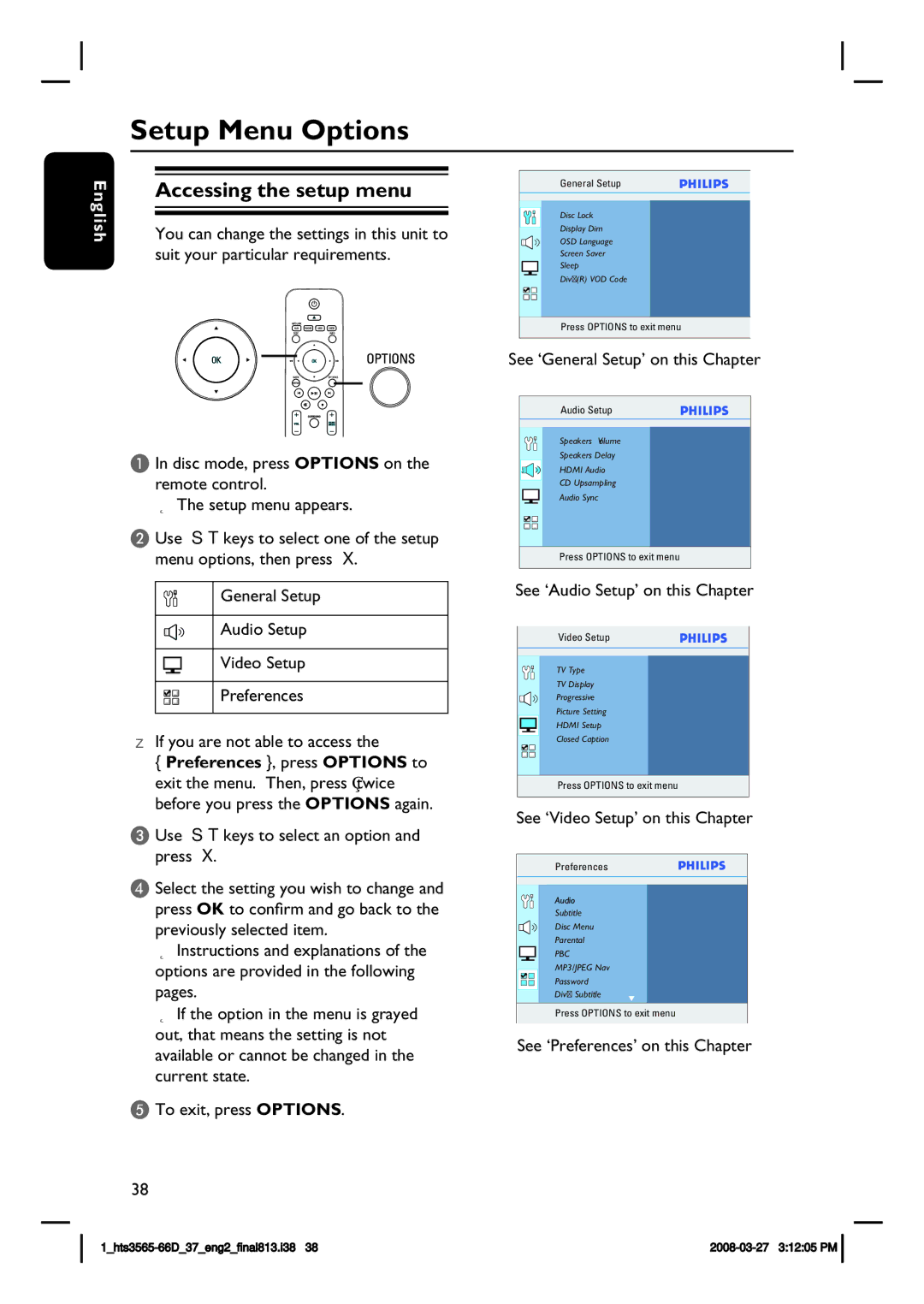 Philips HTS3565D quick start Setup Menu Options, Accessing the setup menu 