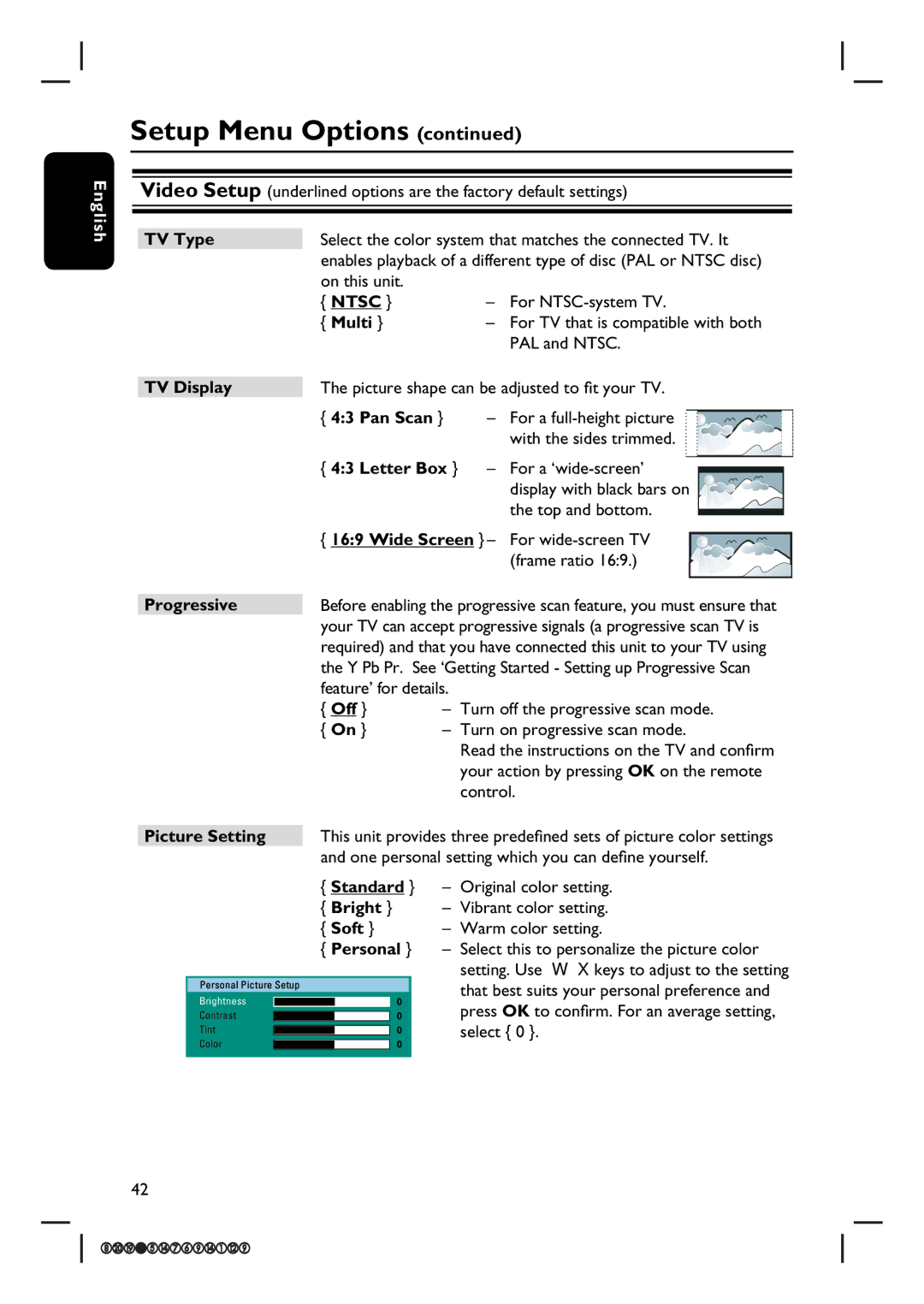 Philips HTS3565D quick start TV Type, Multi, TV Display, Pan Scan, Letter Box, Wide Screen, Progressive, Picture Setting 