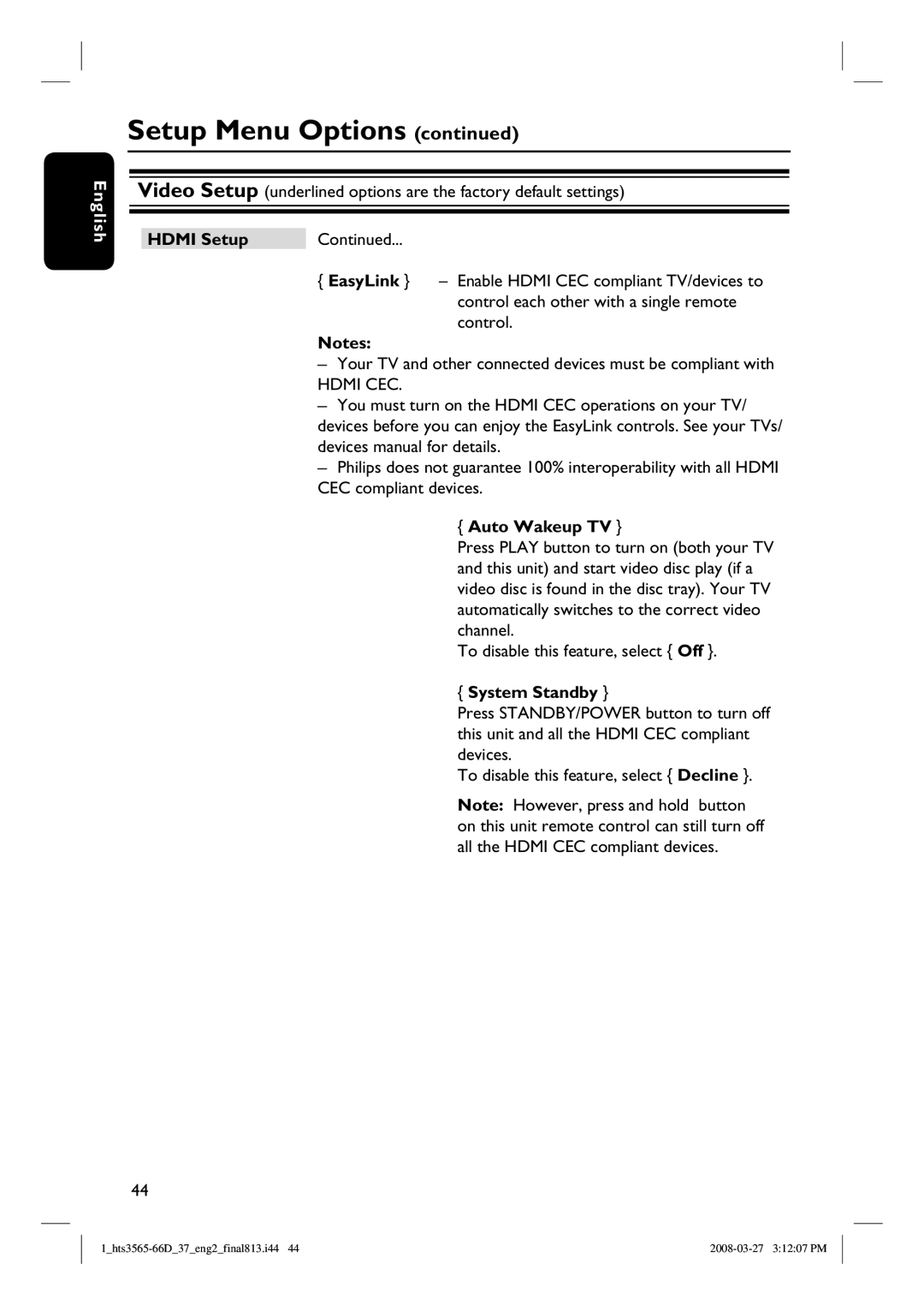 Philips HTS3565D quick start Hdmi CEC, System Standby 