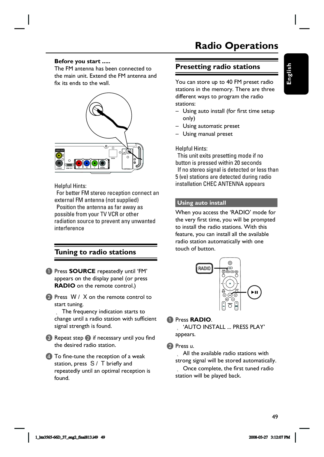 Philips HTS3565D quick start Radio Operations, Tuning to radio stations, Presetting radio stations, Using auto install 