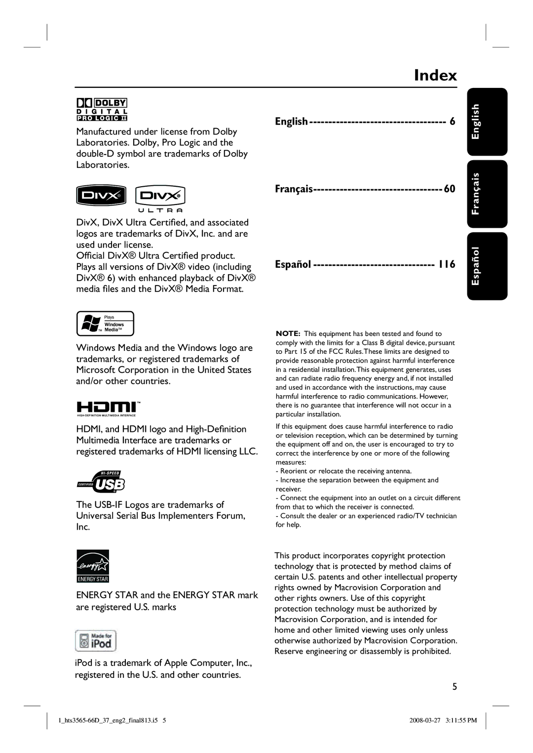 Philips HTS3565D quick start Index, English, Français, Español 