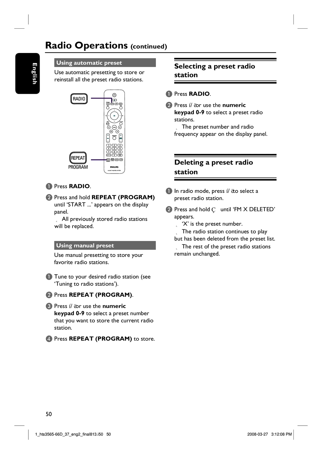 Philips HTS3565D Selecting a preset radio station, Deleting a preset radio station, English Using automatic preset 