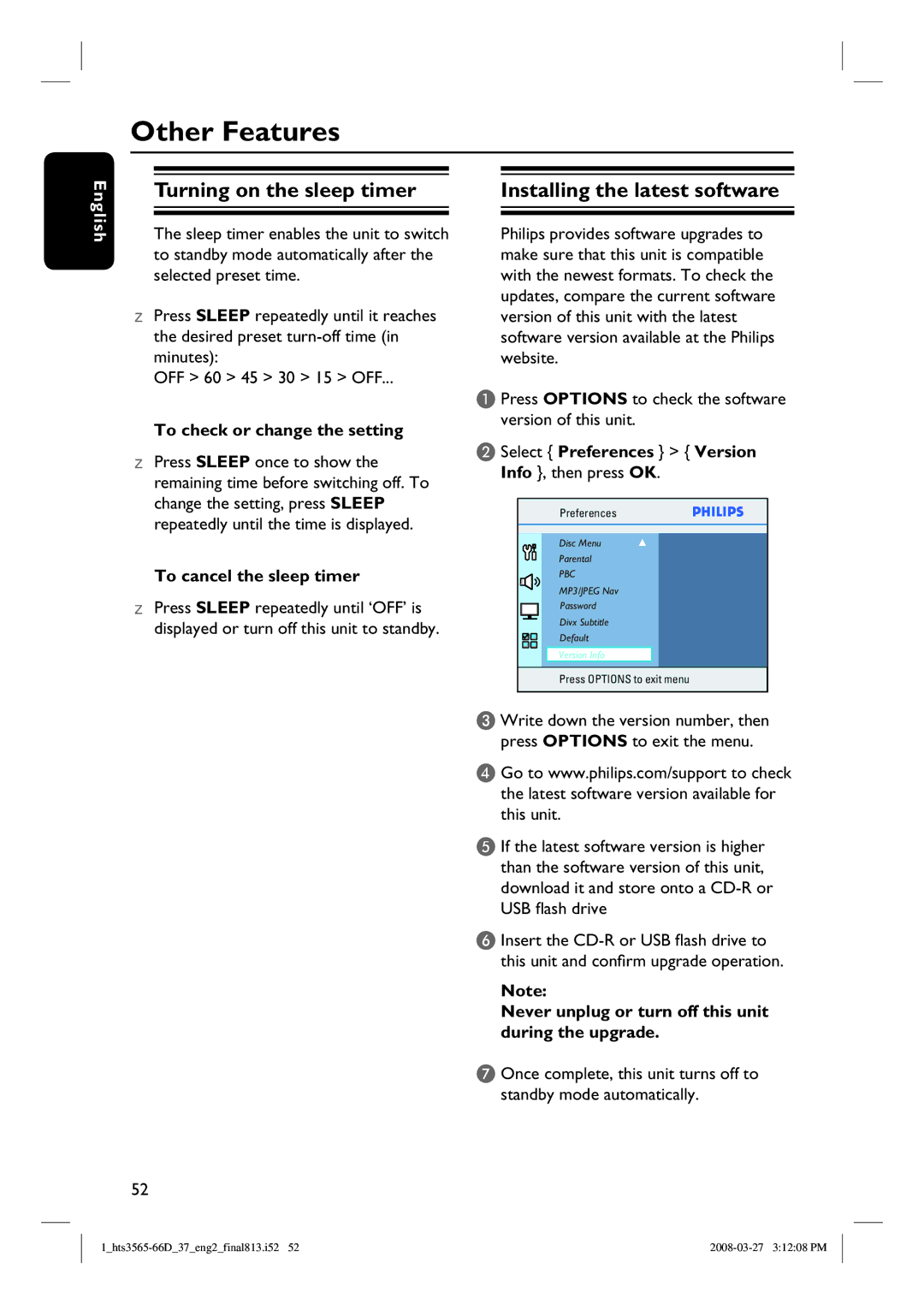 Philips HTS3565D quick start Other Features, Turning on the sleep timer, Installing the latest software 