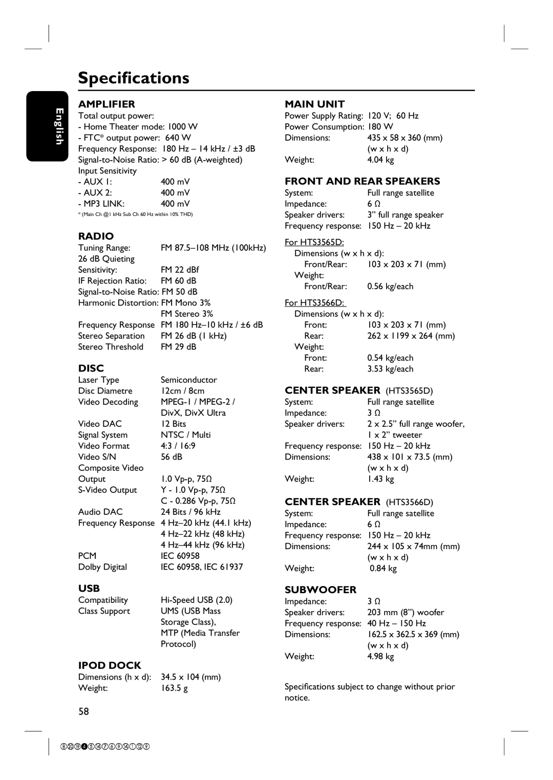 Philips HTS3565D quick start Specifications, Amplifier Main Unit 