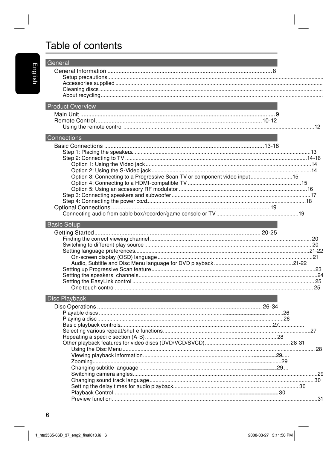 Philips HTS3565D quick start Table of contents 