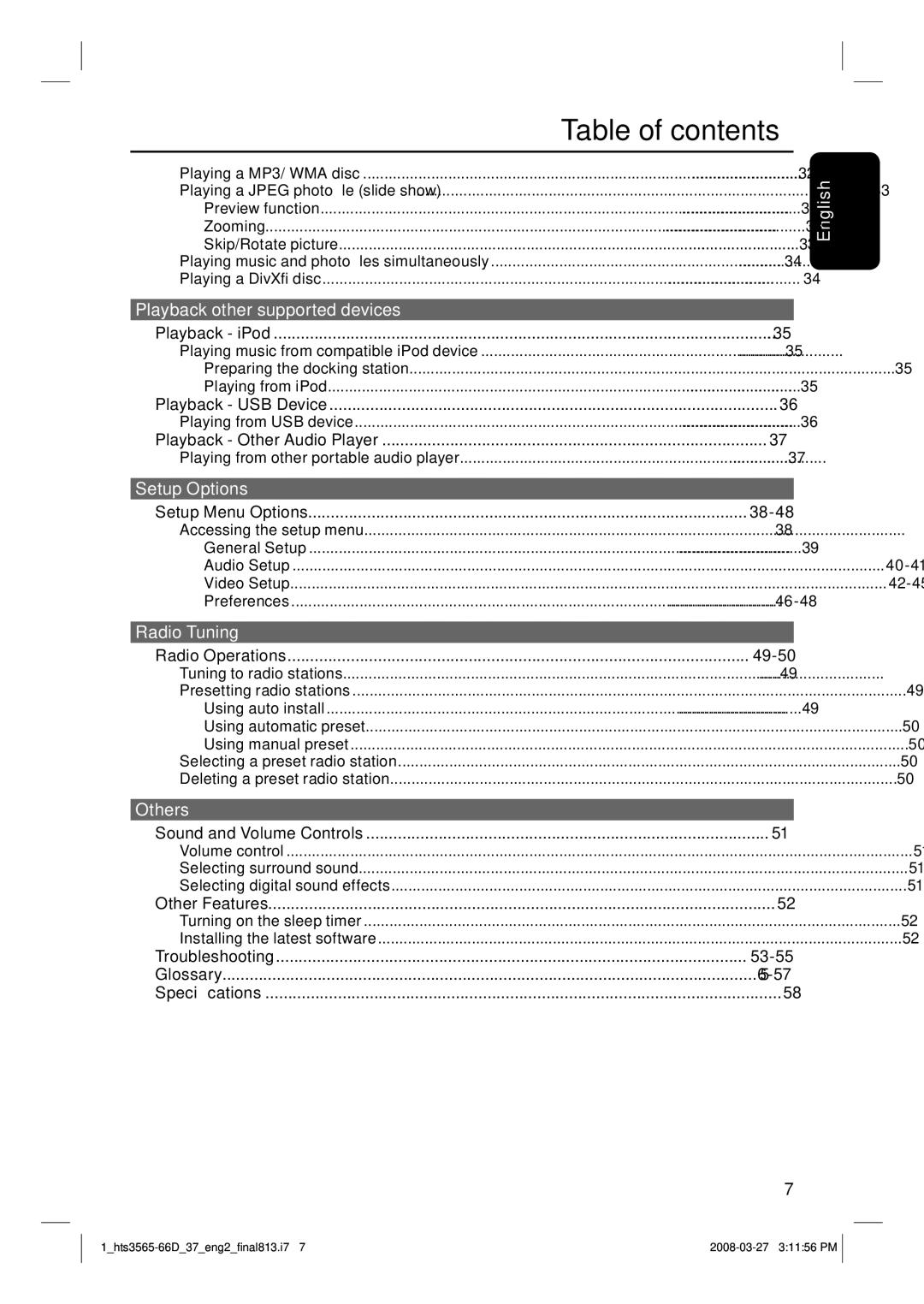 Philips HTS3565D quick start Table of contents 