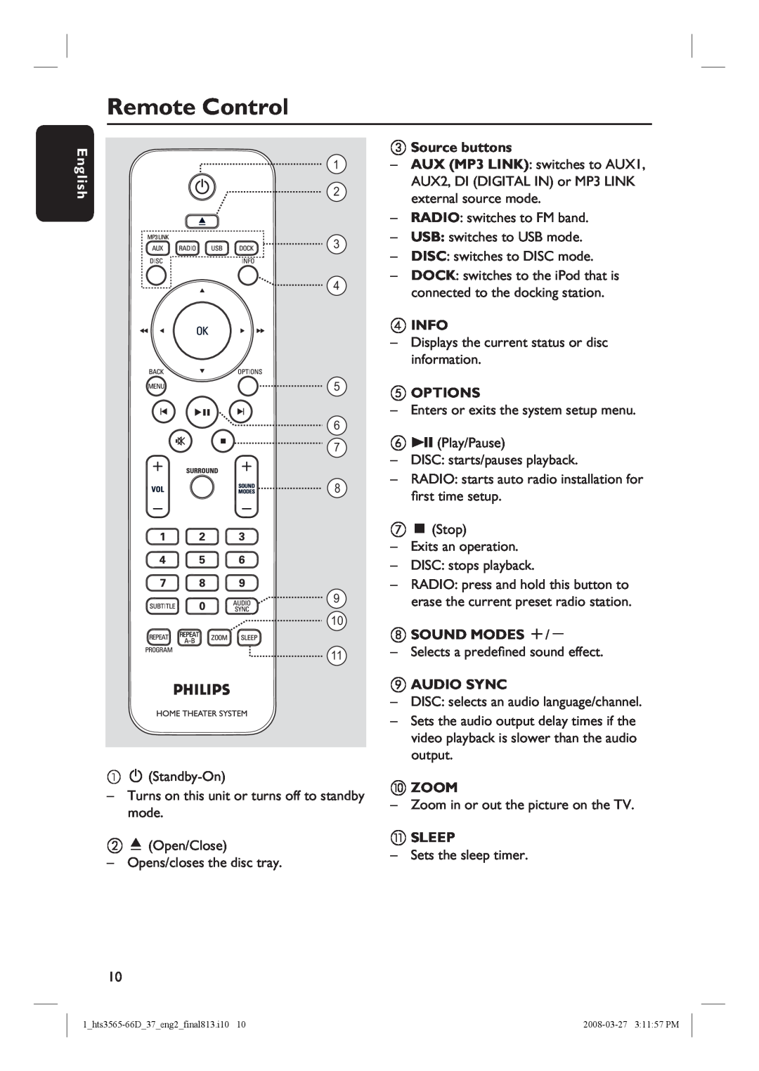 Philips HTS3565D Remote Control, English, c Source buttons, dINFO, eOPTIONS, h SOUND MODES +, i AUDIO SYNC, jZOOM, kSLEEP 